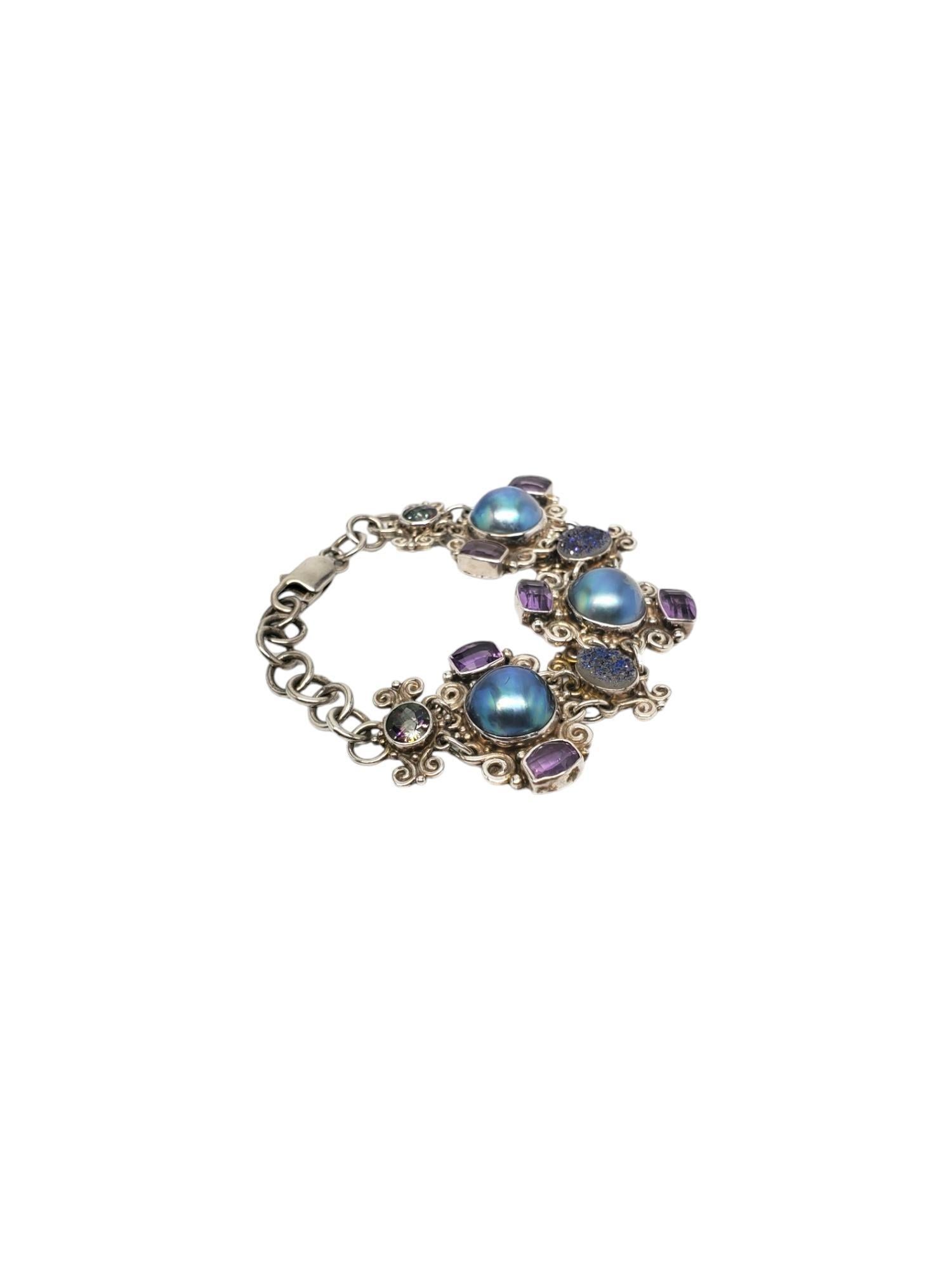 Taille ronde Bracelet SAJEN Mabe perlé en argent sterling avec pierres précieuses multicolores n° 17565 en vente