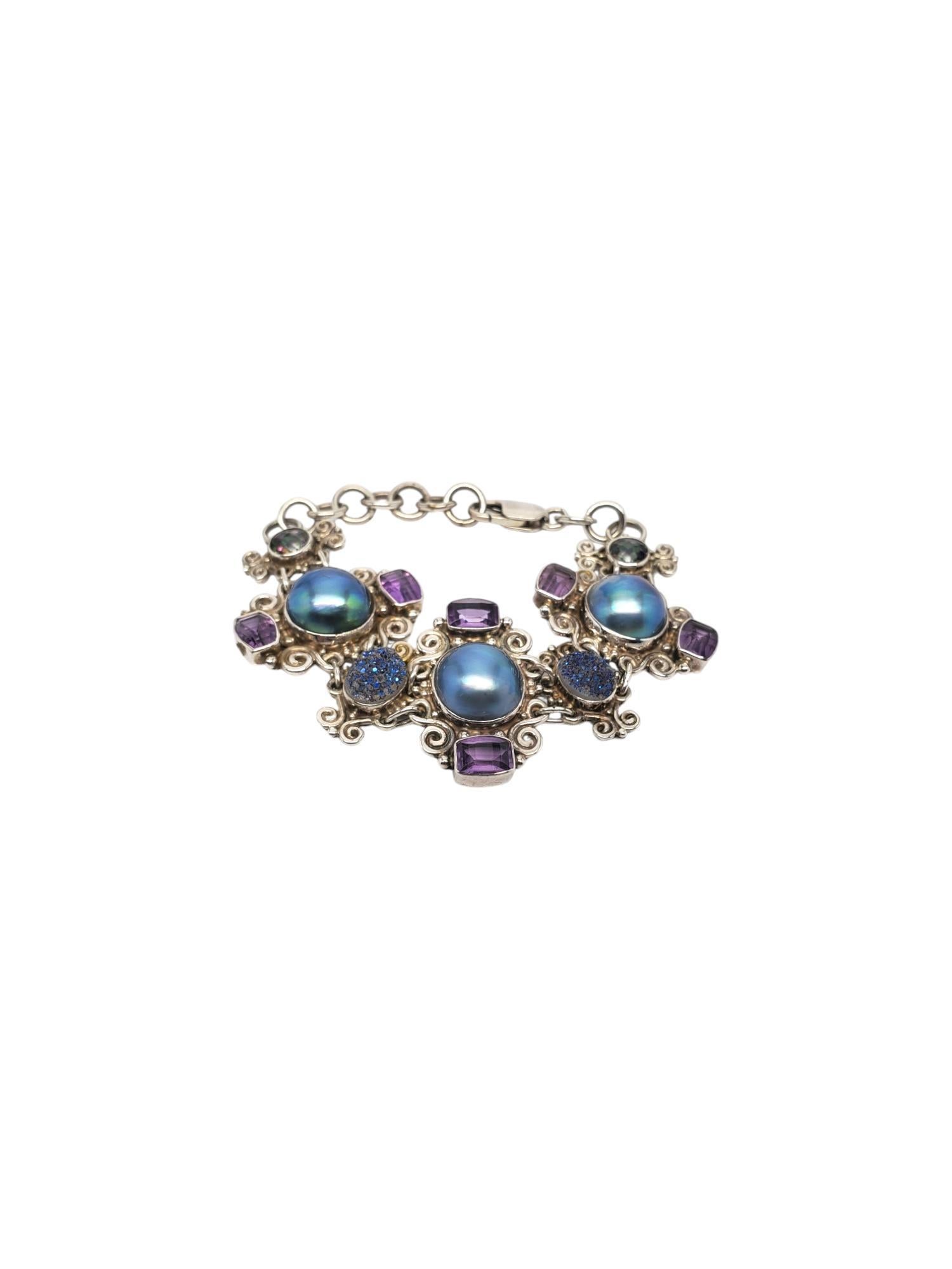 Bracelet SAJEN Mabe perlé en argent sterling avec pierres précieuses multicolores n° 17565 Bon état - En vente à Washington Depot, CT