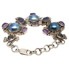 SAJEN Sterling Silver Mabe Pearl With Multicolored Gemstones Bracelet # 17565