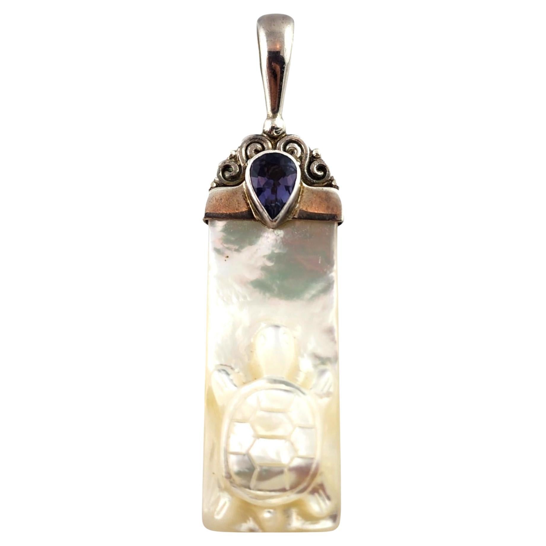 SAJEN Sterling Silver Mother Of Pearl Amethyst Turtle Pendant #17561 For Sale