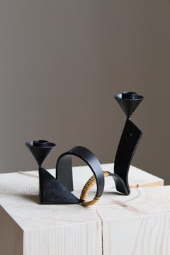 Sakoni, Sculptural Candleholder, Black-Painted Forged Steel, Cane Denmark, 1950s