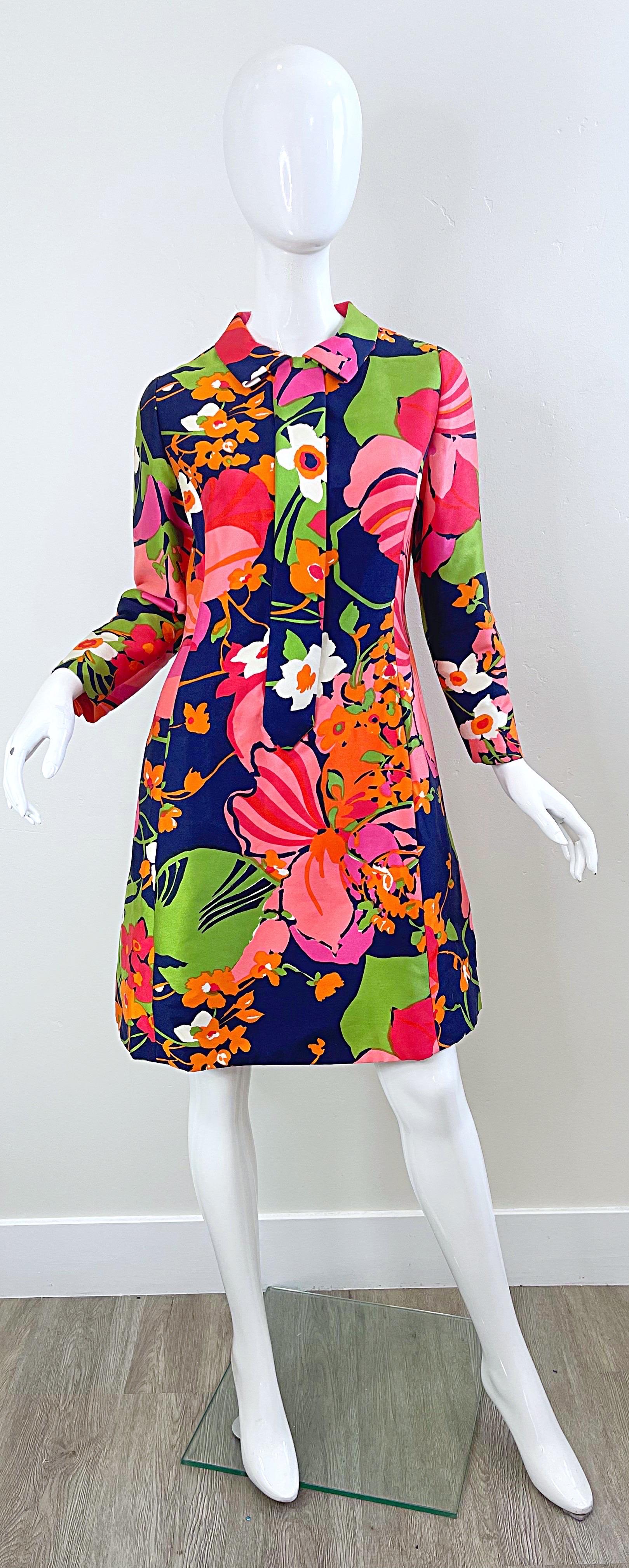 Saks 5th Avenue 1960s Mod Retro Abstract Flower Print Vintage 60s Silk Dress 8