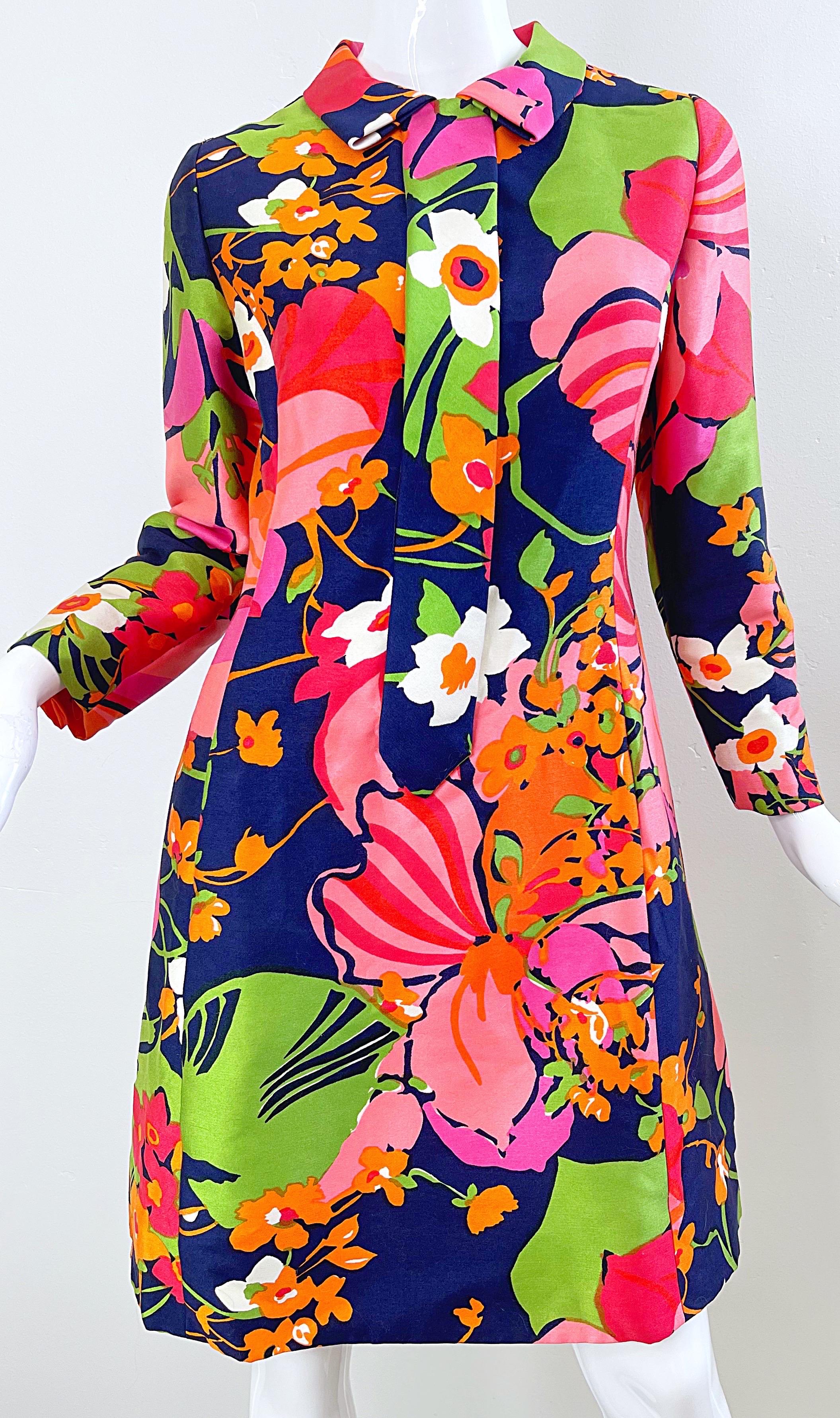 Saks 5th Avenue 1960s Mod Retro Abstract Flower Print Vintage 60s Silk Dress 1