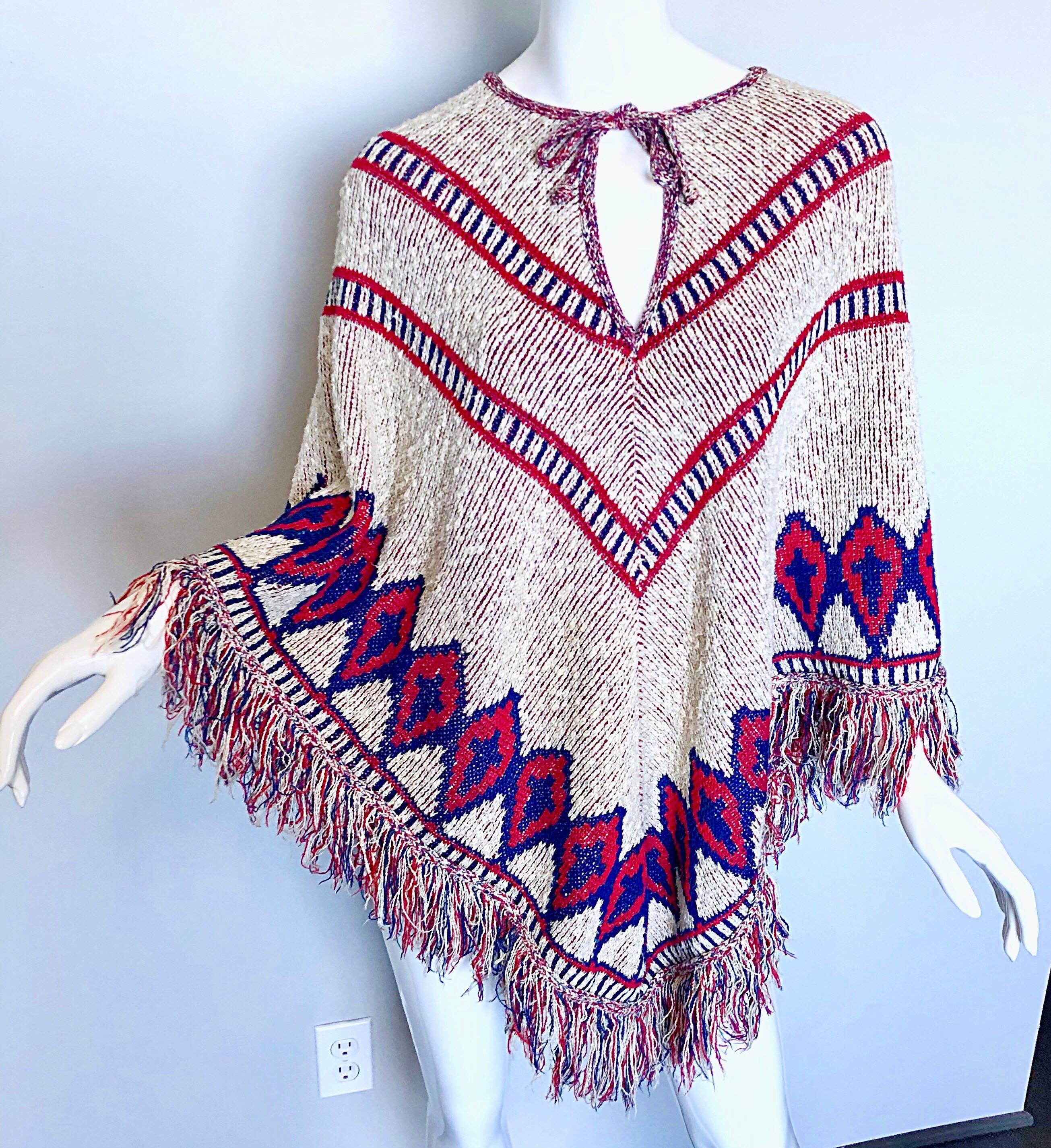 Saks 5th Avenue 1970s Red, White and Blue Navajo Boho Vintage 70s Poncho Cape In Excellent Condition In San Diego, CA
