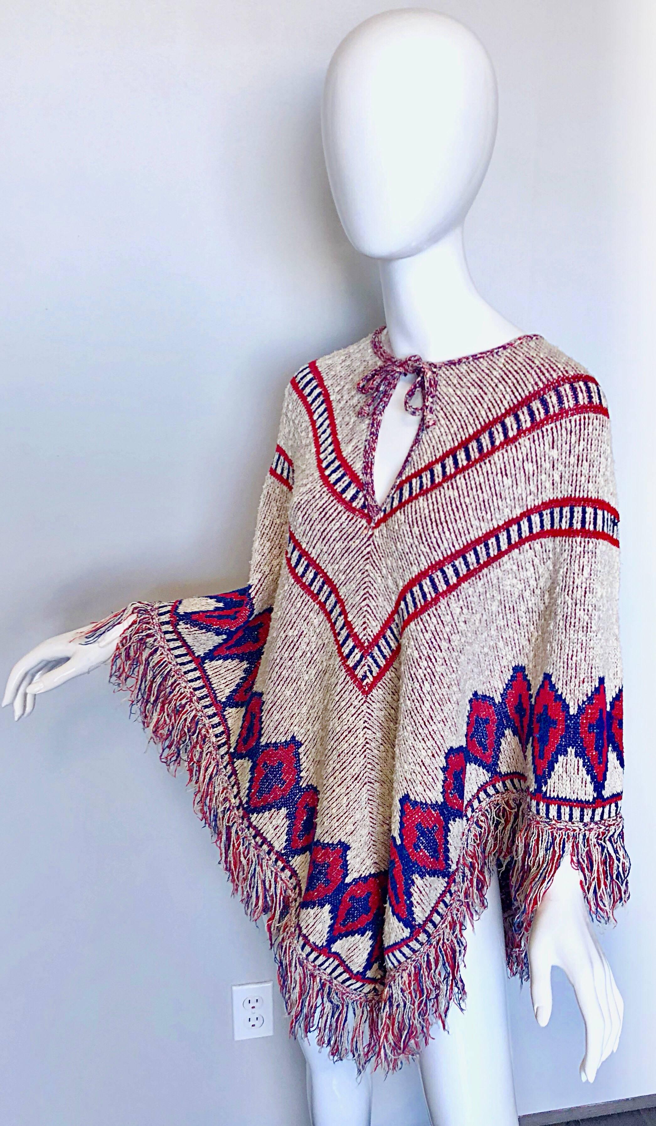 Women's Saks 5th Avenue 1970s Red, White and Blue Navajo Boho Vintage 70s Poncho Cape
