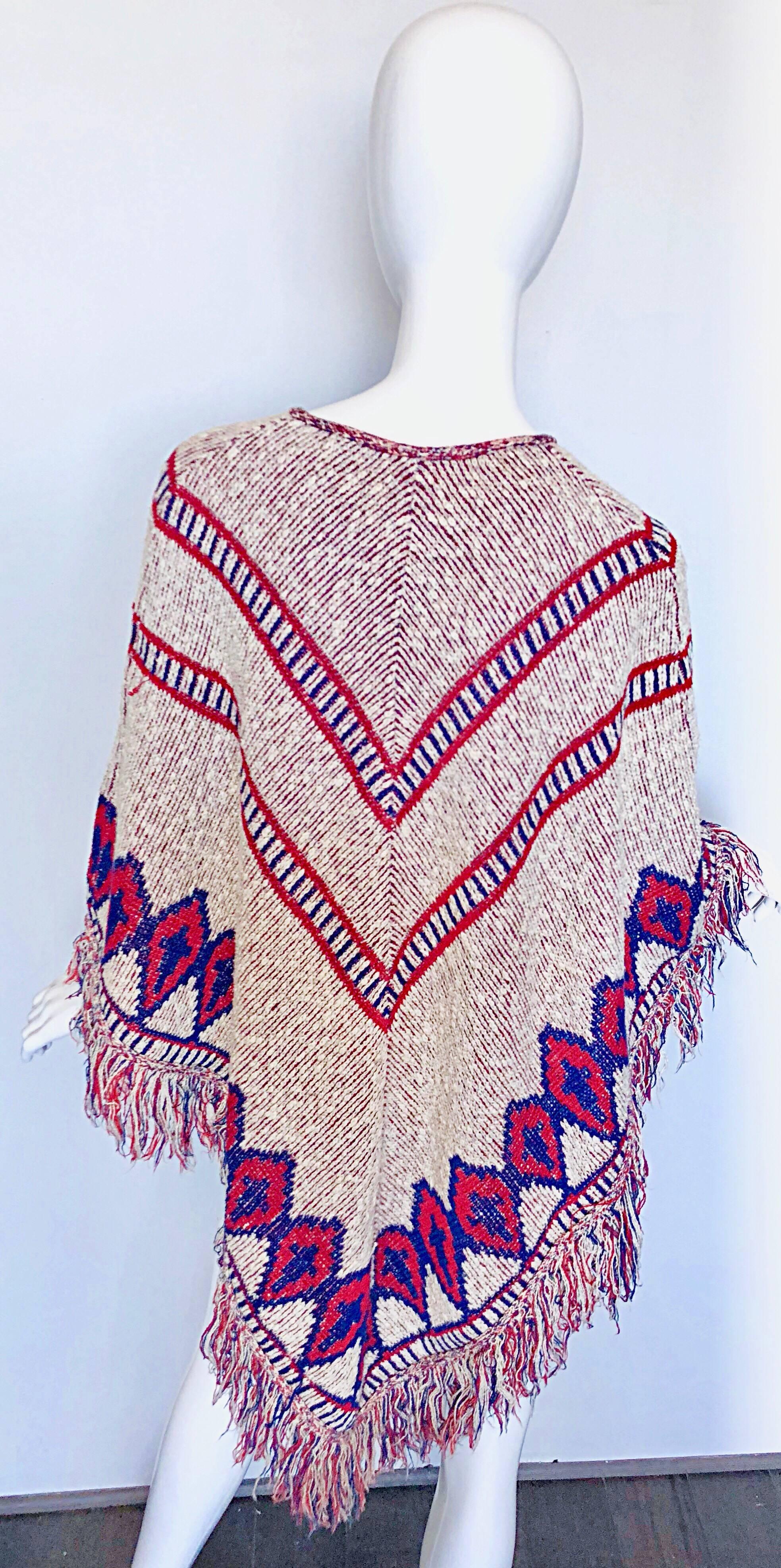 Saks 5th Avenue 1970s Red, White and Blue Navajo Boho Vintage 70s Poncho Cape 1