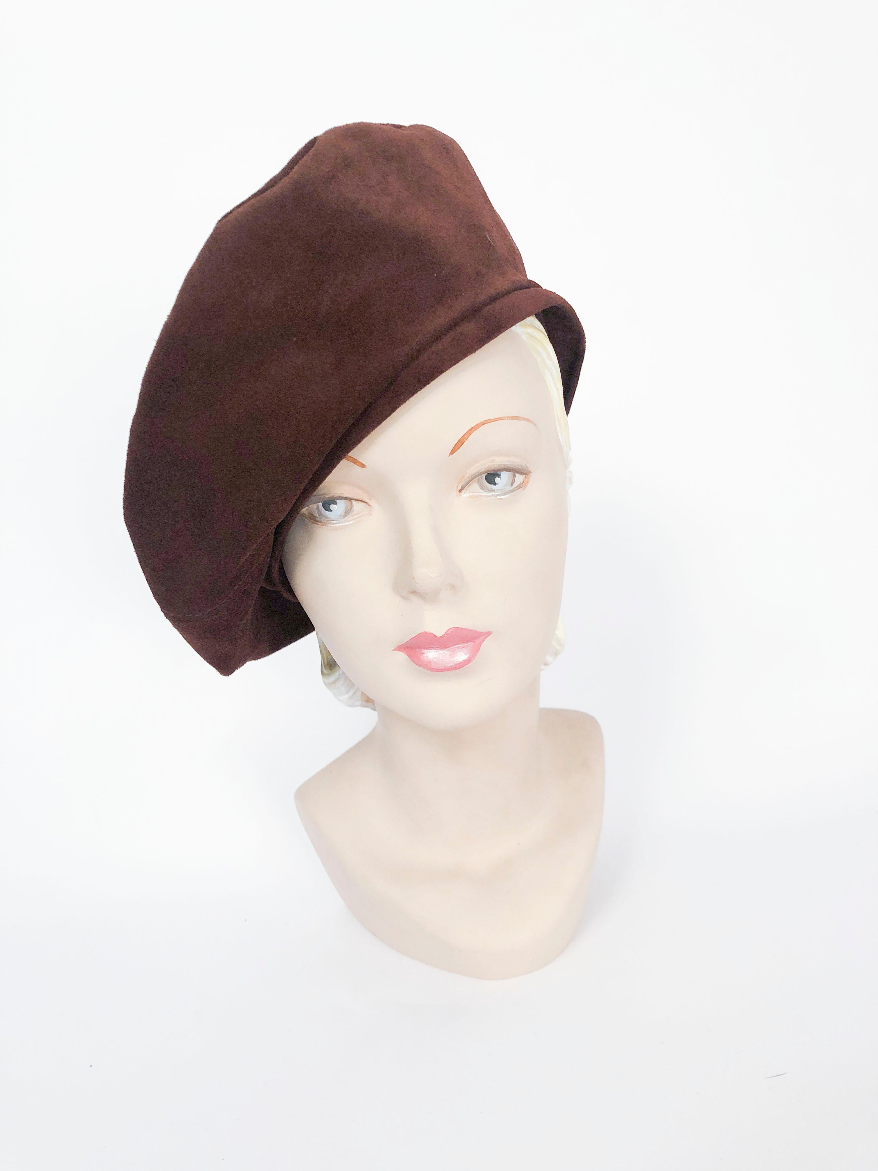 Saks Fifth Ave Chocolate Brown Suede Beret with gros-grain hat band.