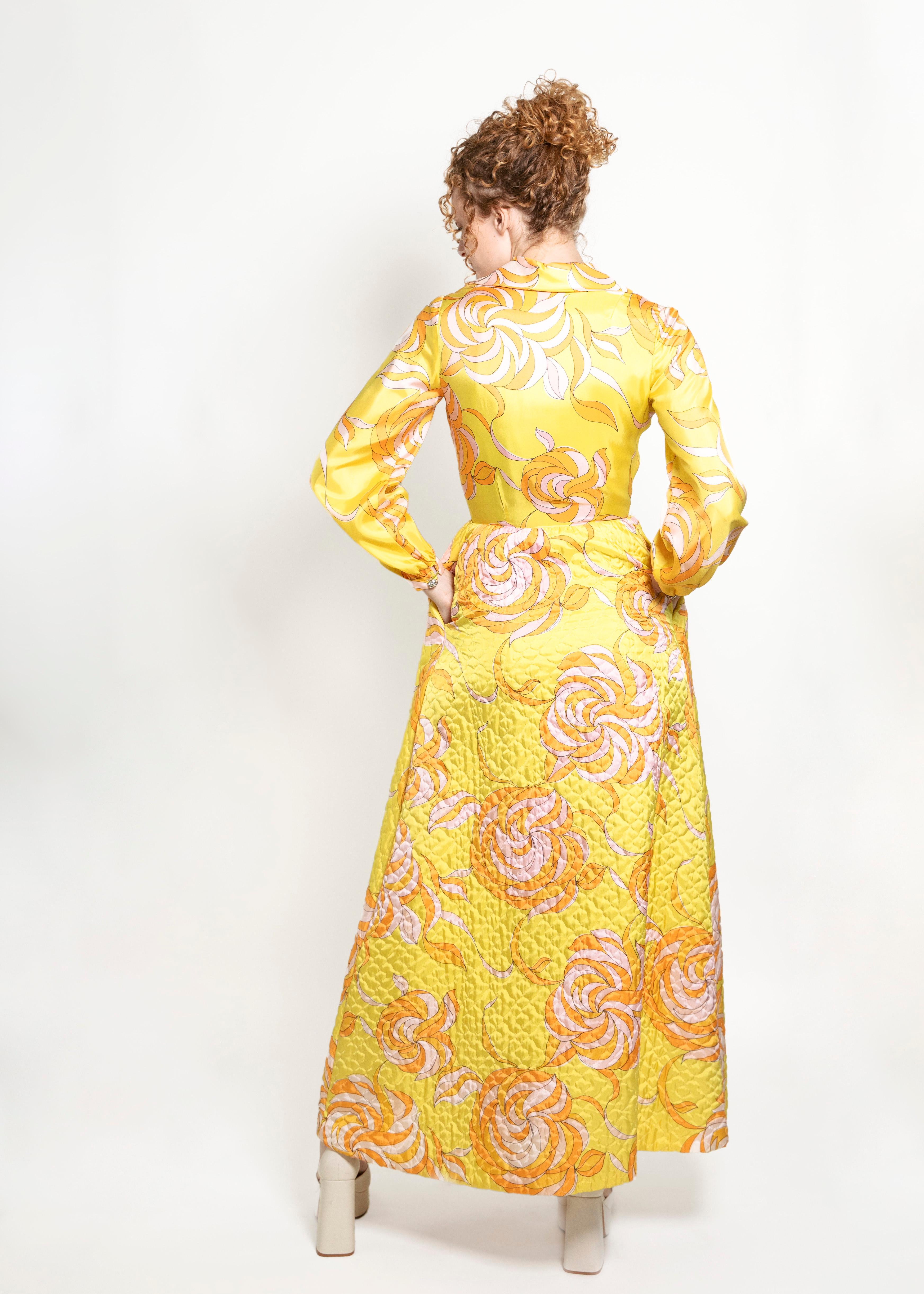 Women's Saks Fifth Ave Yellow Print & Quilted Dress For Sale