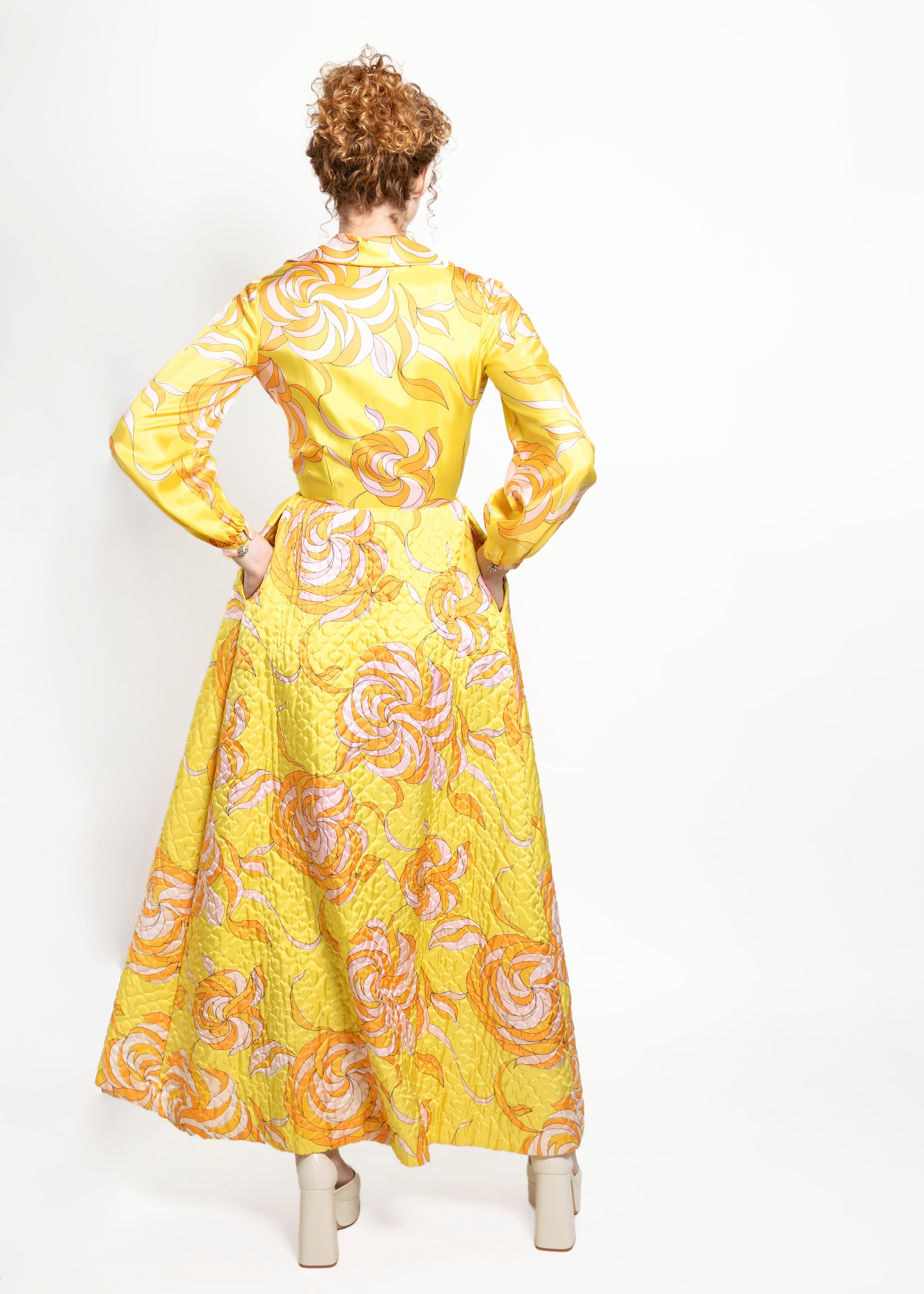 Saks Fifth Ave Yellow Print & Quilted Dress For Sale 1