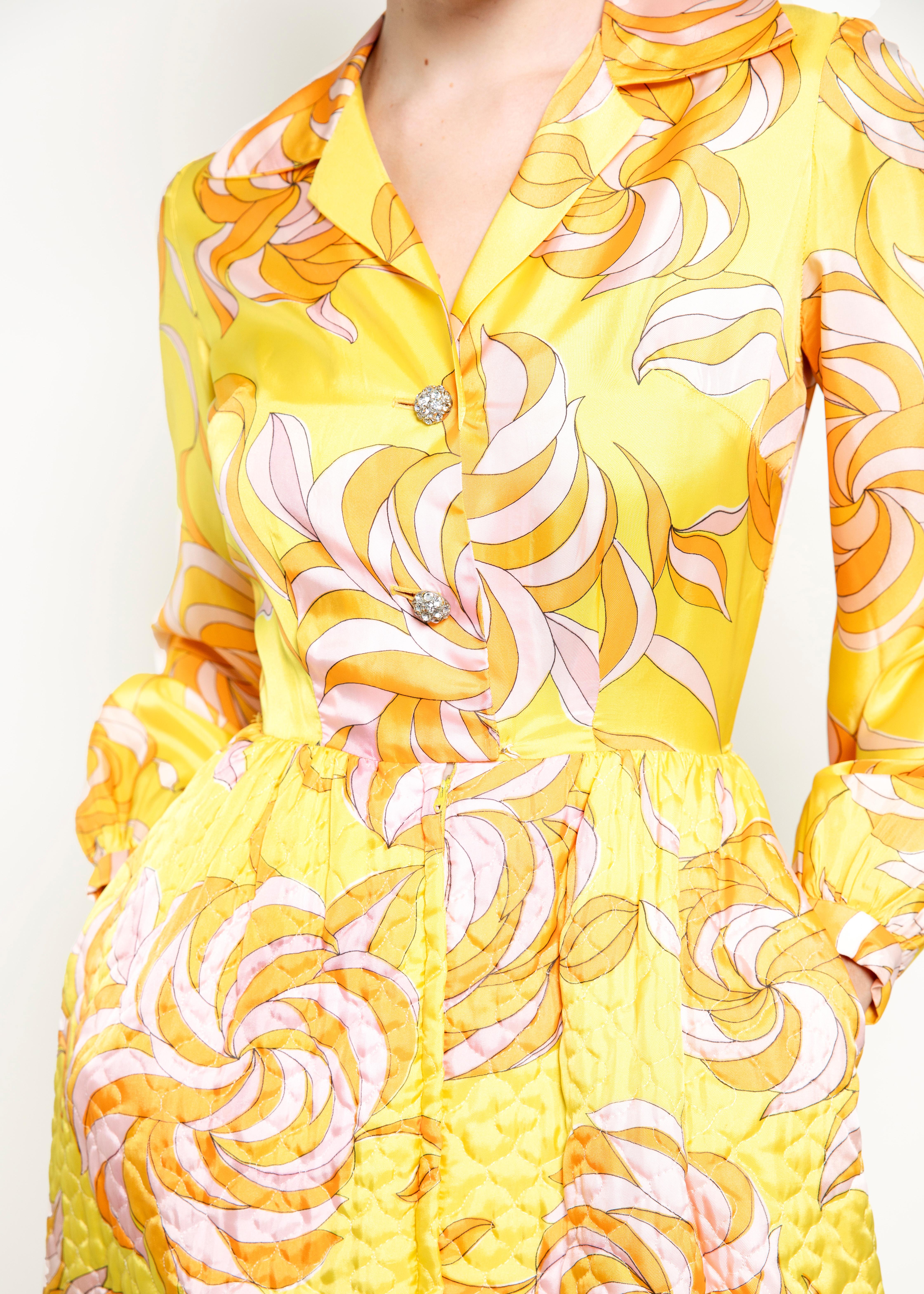 Saks Fifth Ave Yellow Print & Quilted Dress For Sale 2