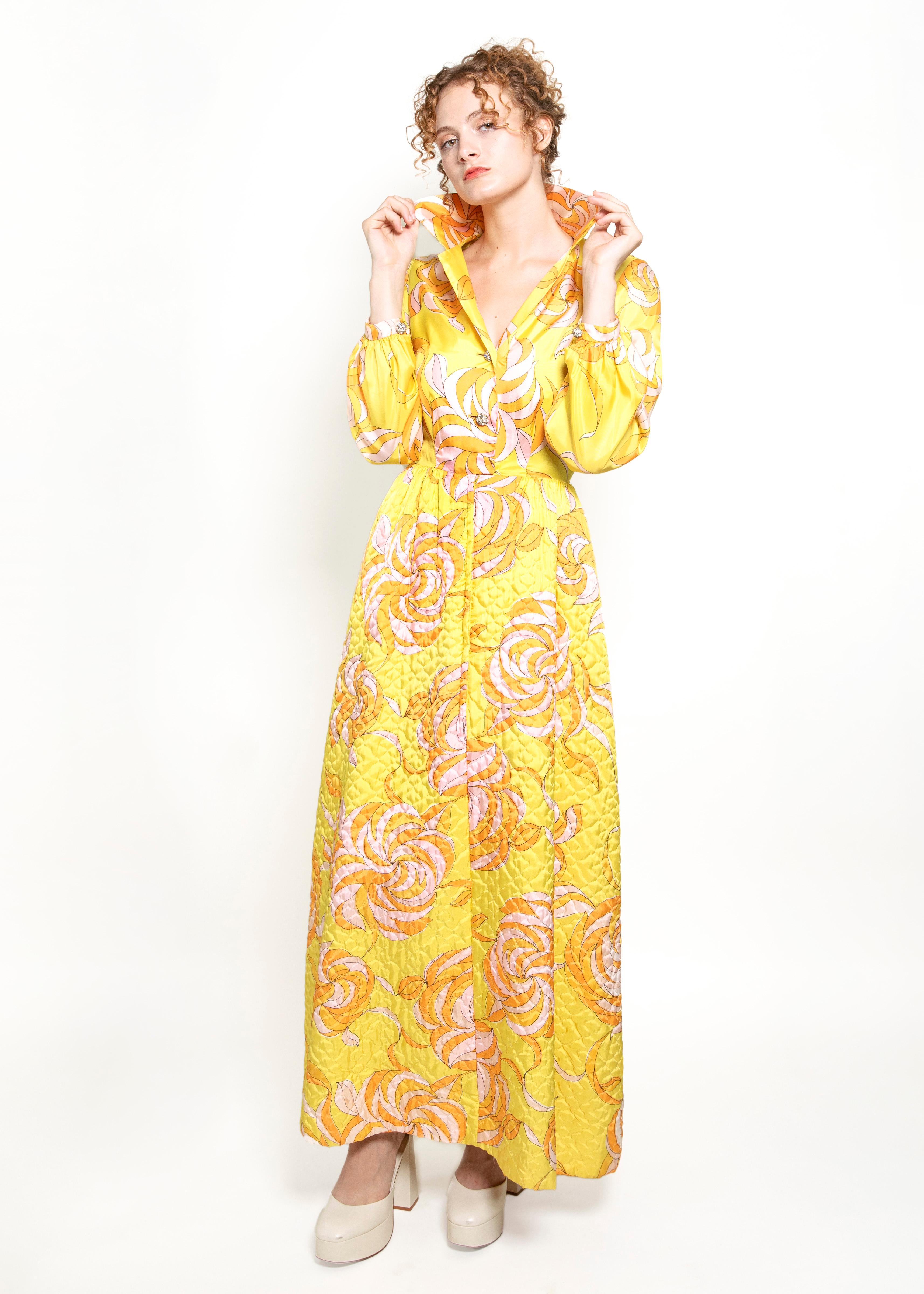 Saks Fifth Ave Yellow Print & Quilted Dress For Sale 3