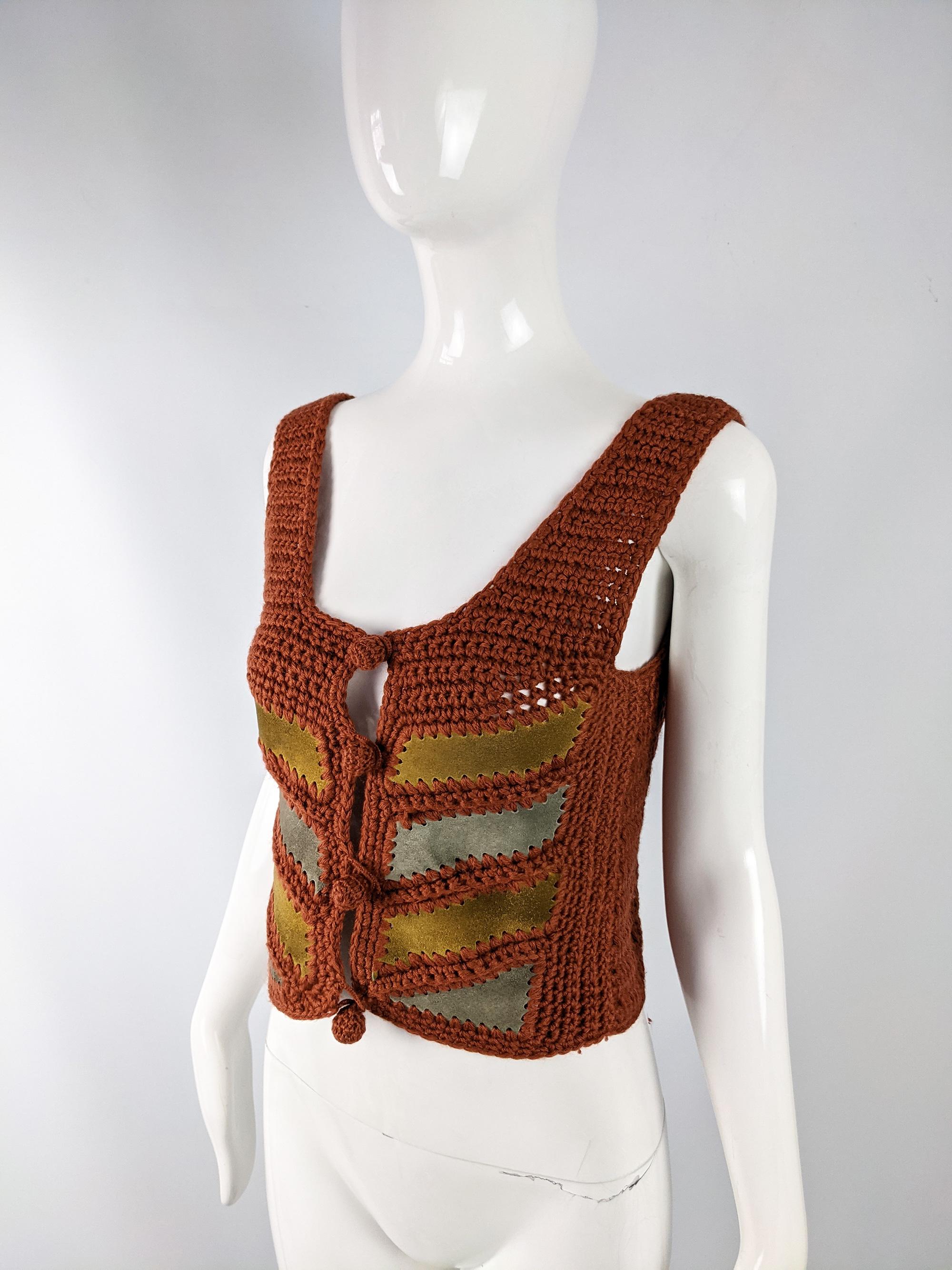 Brown Saks Fifth Avenue 1970s Vintage Womens Suede & Wool Crochet Top