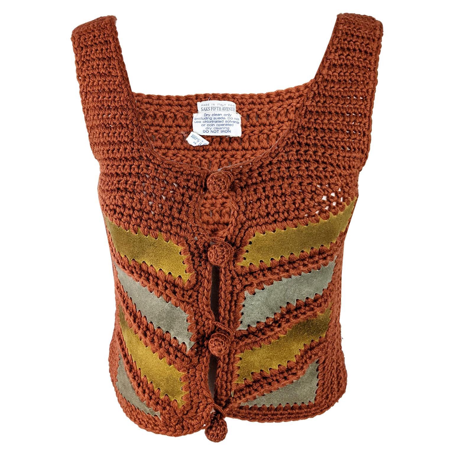 Saks Fifth Avenue 1970s Vintage Womens Suede & Wool Crochet Top