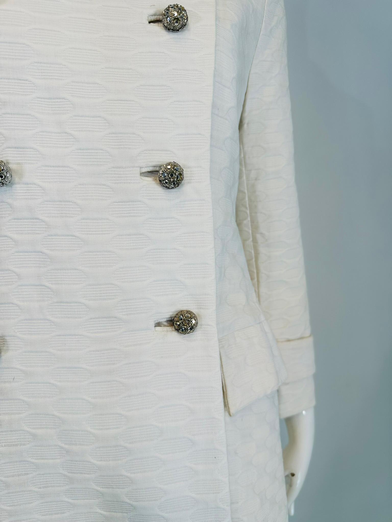 Saks Fifth Avenue 1970s White Cotton Jacquard Double Breasted Evening Coat 6 For Sale 8