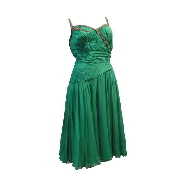 Saks Fifth Avenue 60s Beaded Jade Chiffon Cocktail Dress For Sale at ...
