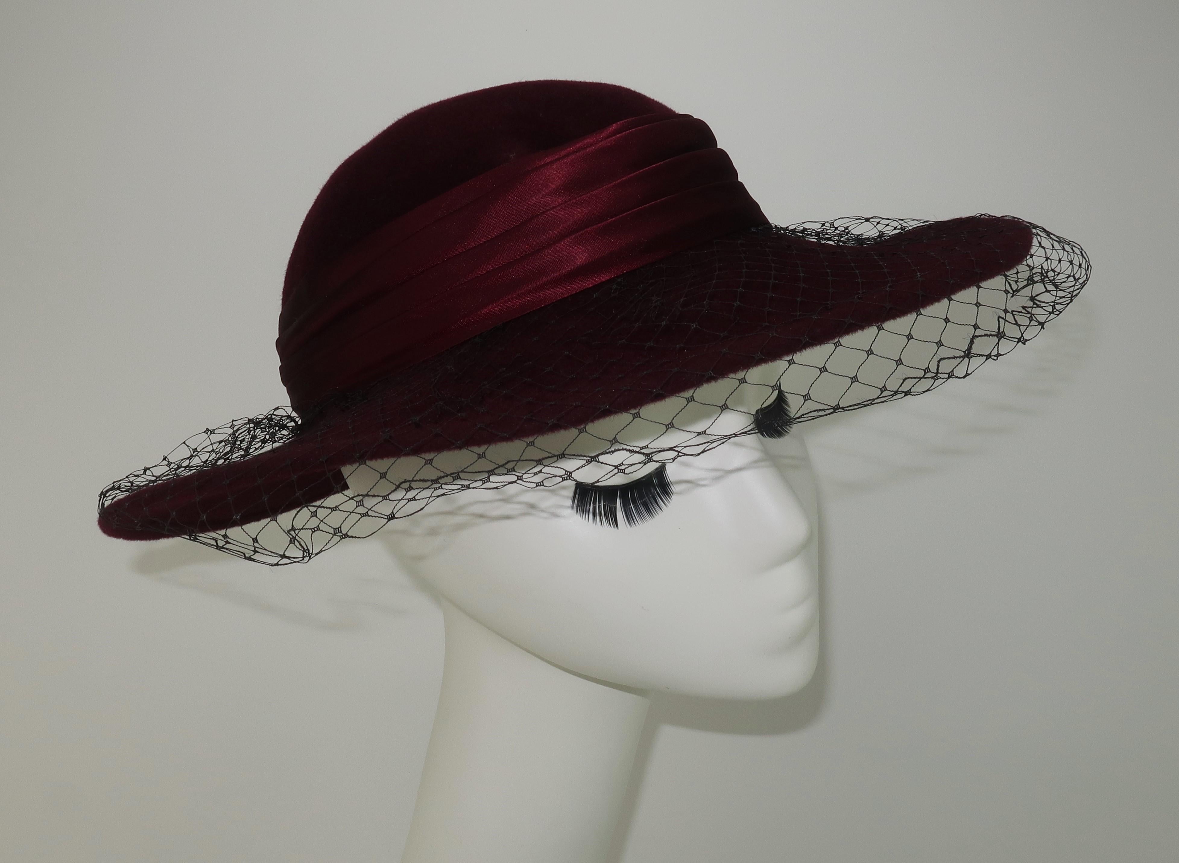 Women's Saks Fifth Avenue Aubergine Wool Hat With Black Net, 1980's
