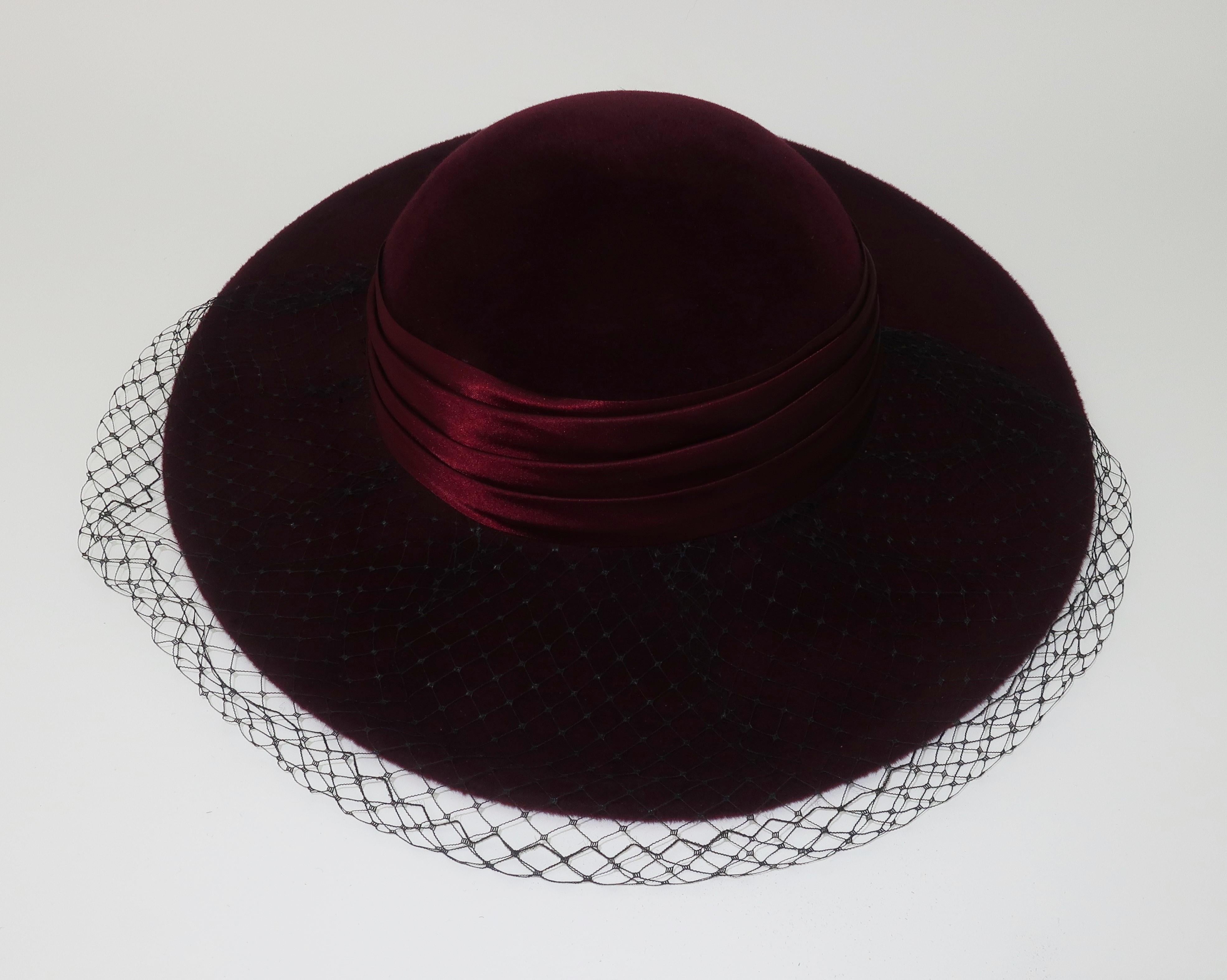 Saks Fifth Avenue Aubergine Wool Hat With Black Net, 1980's 1