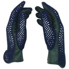 Saks Fifth Avenue Blue Crochet Net & Green Leather Gloves, C.1960