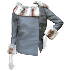 Saks Fifth Avenue Chic Structured Pewter Gray Chinchilla Fur Trim Jacket c 1960s