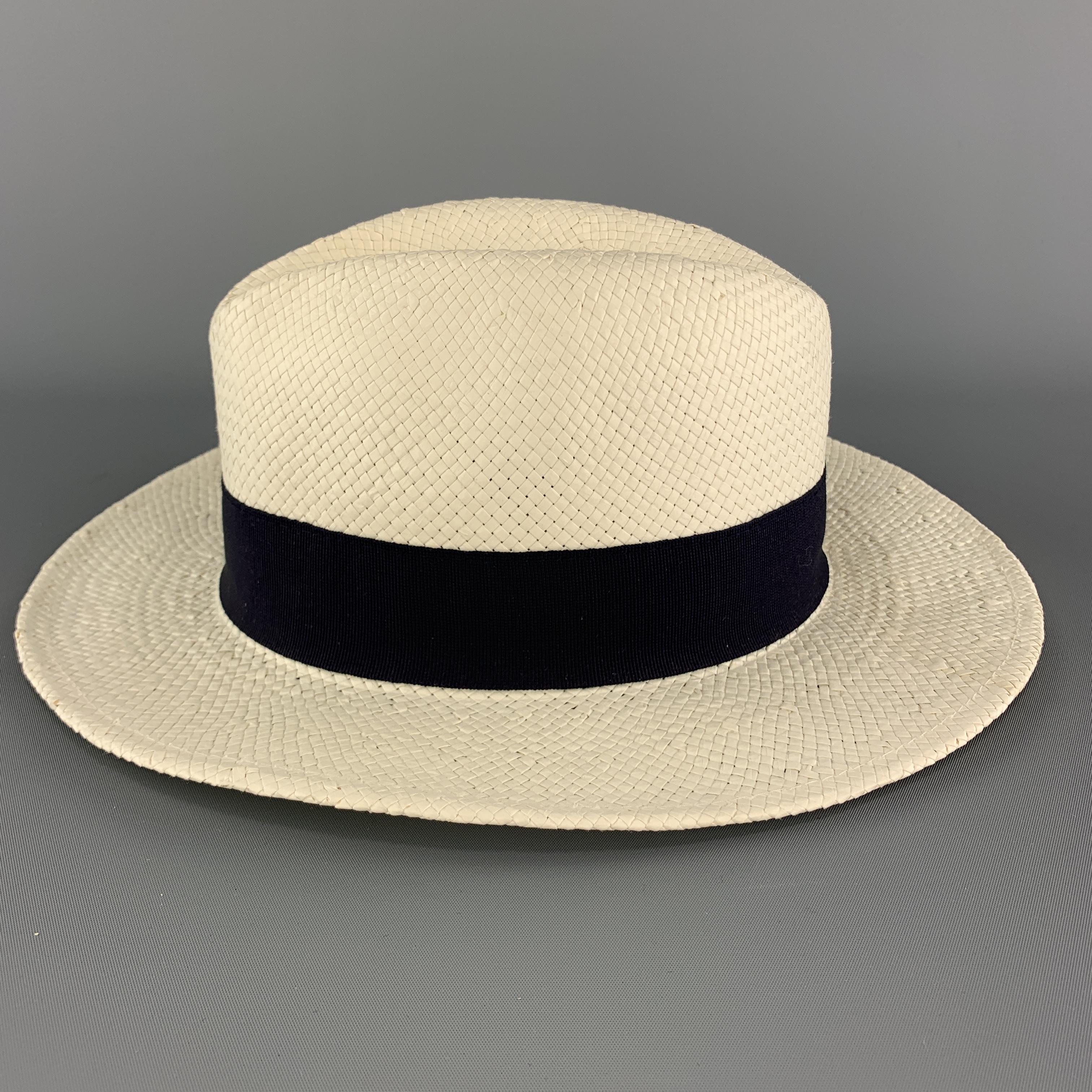 SAKS FIFTH AVENUE Cream Woven Straw Navy Stripe Fedora In Excellent Condition In San Francisco, CA