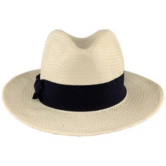 SAKS FIFTH AVENUE Cream Woven Straw Navy Stripe Fedora