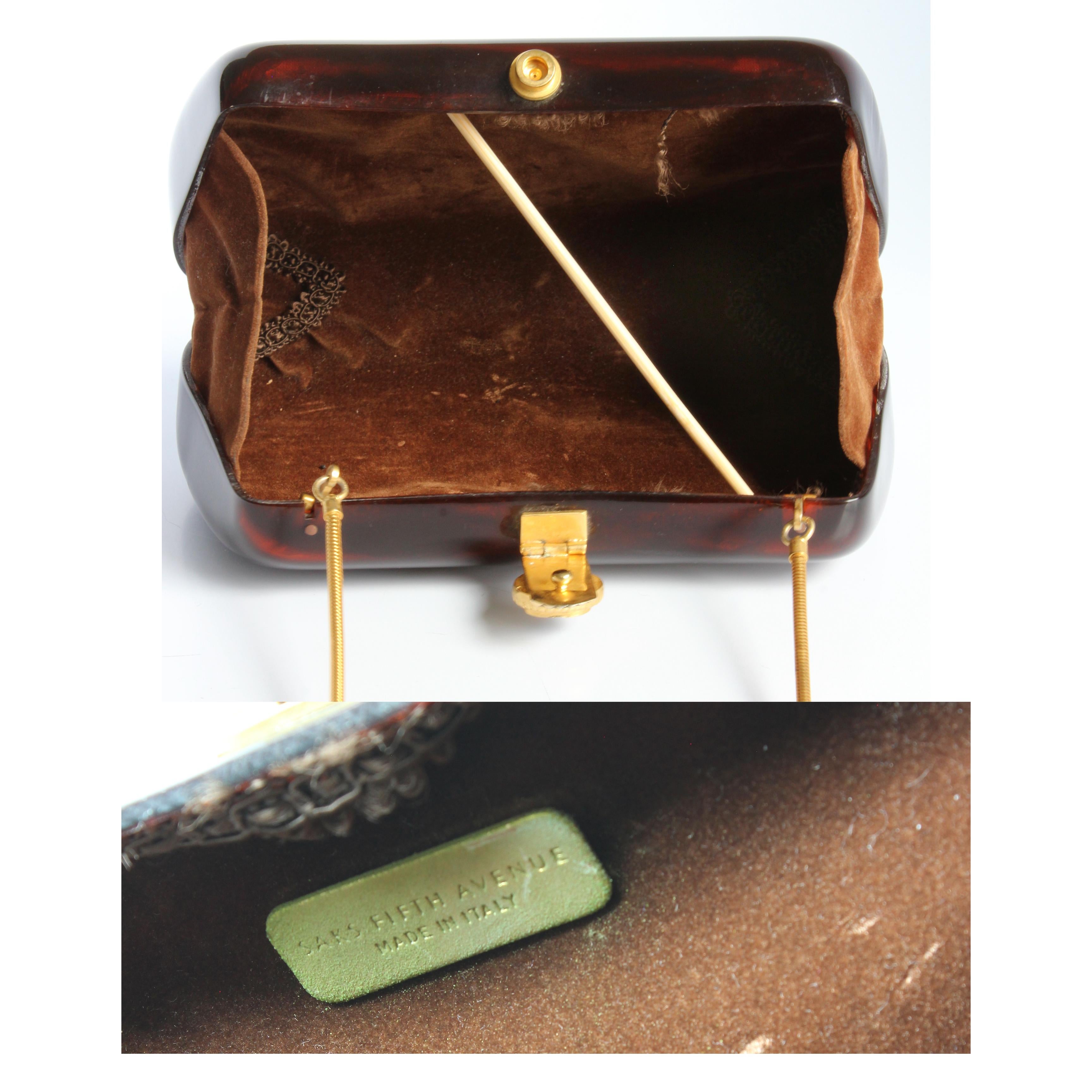 Saks Fifth Avenue Evening Bag Minaudière Polished Wood Resin Italy Rare Vintage For Sale 9