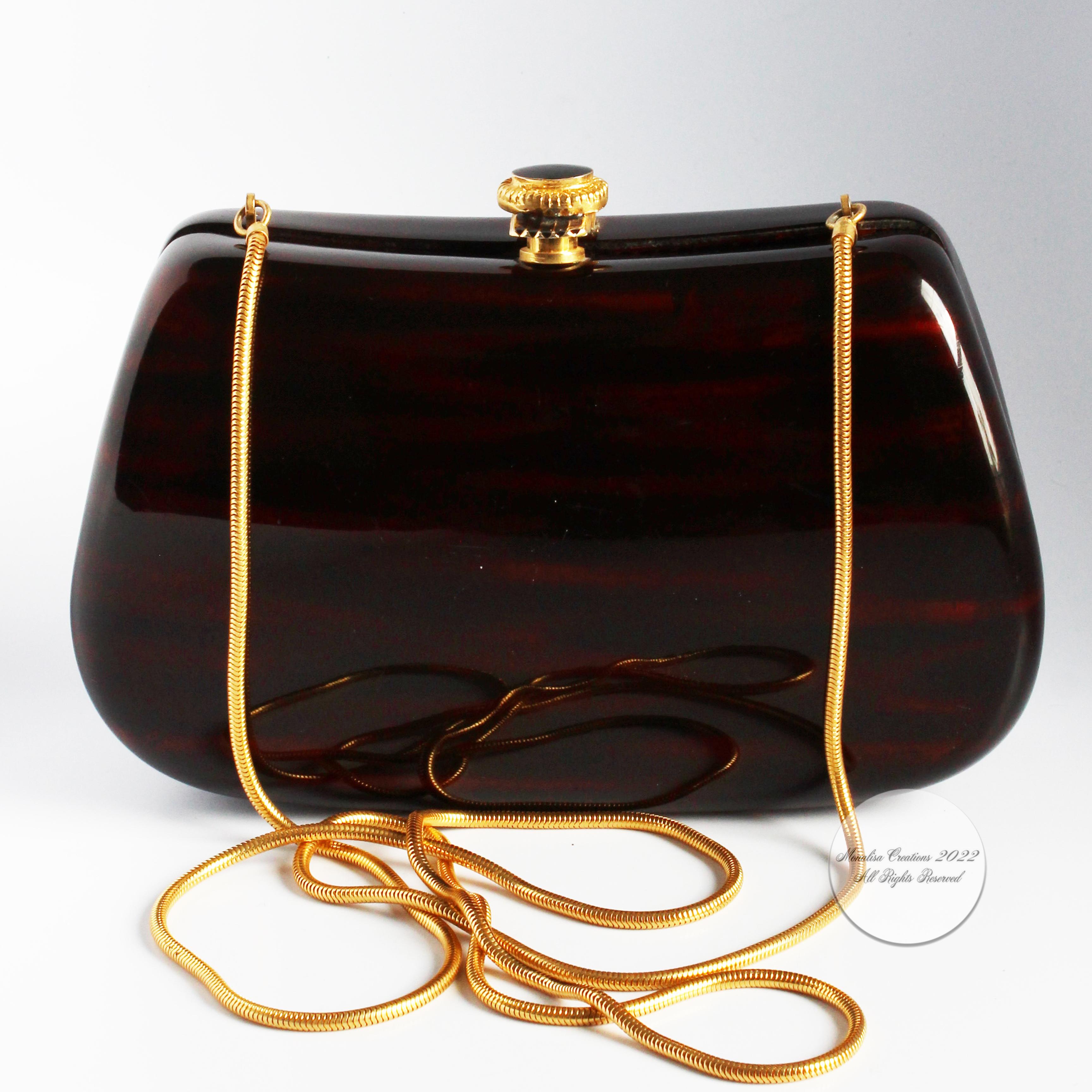 Saks Fifth Avenue Evening Bag Minaudière Polished Wood Resin Italy Rare Vintage In Good Condition For Sale In Port Saint Lucie, FL