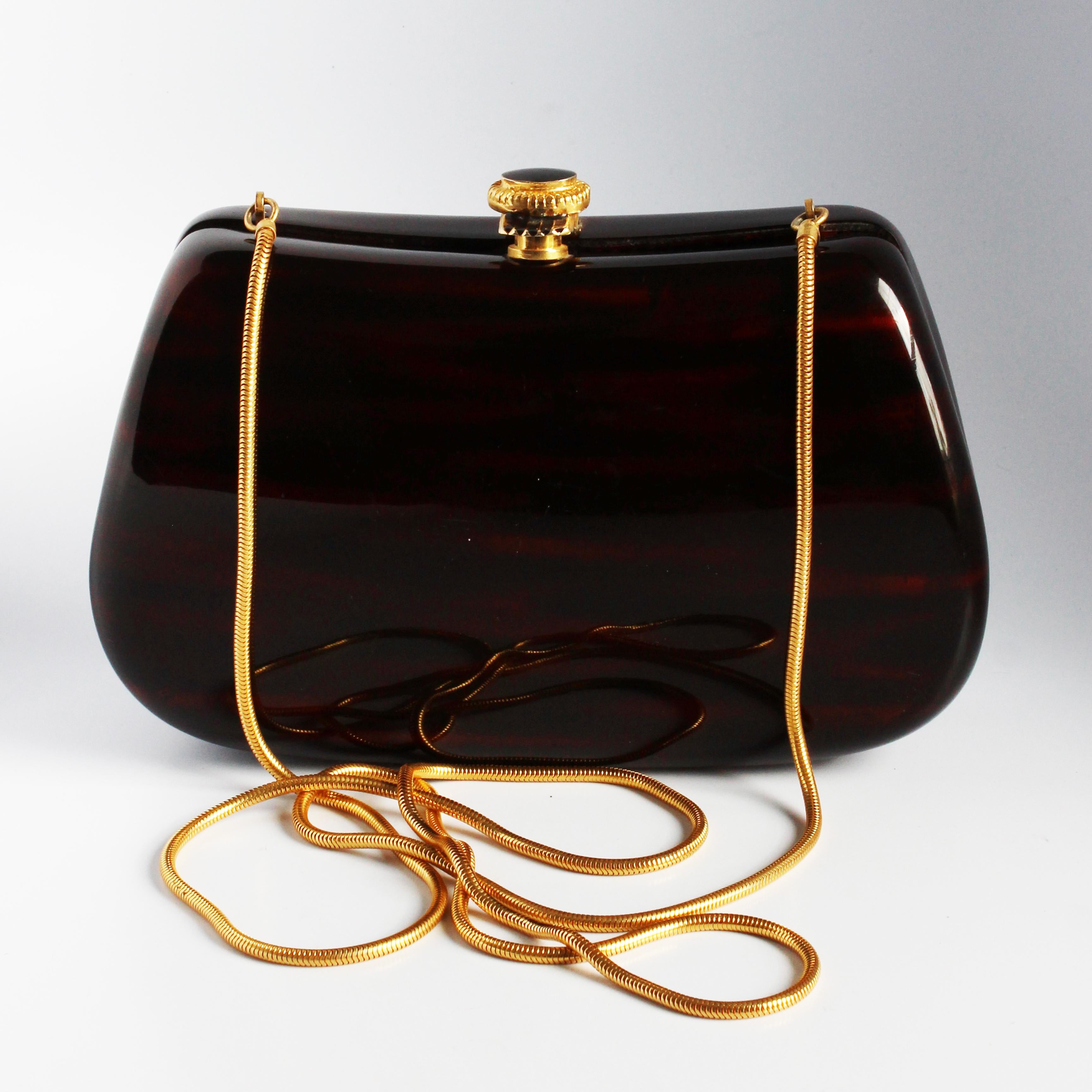 Black Saks Fifth Avenue Evening Bag Minaudière Polished Wood Resin Italy Rare Vintage For Sale
