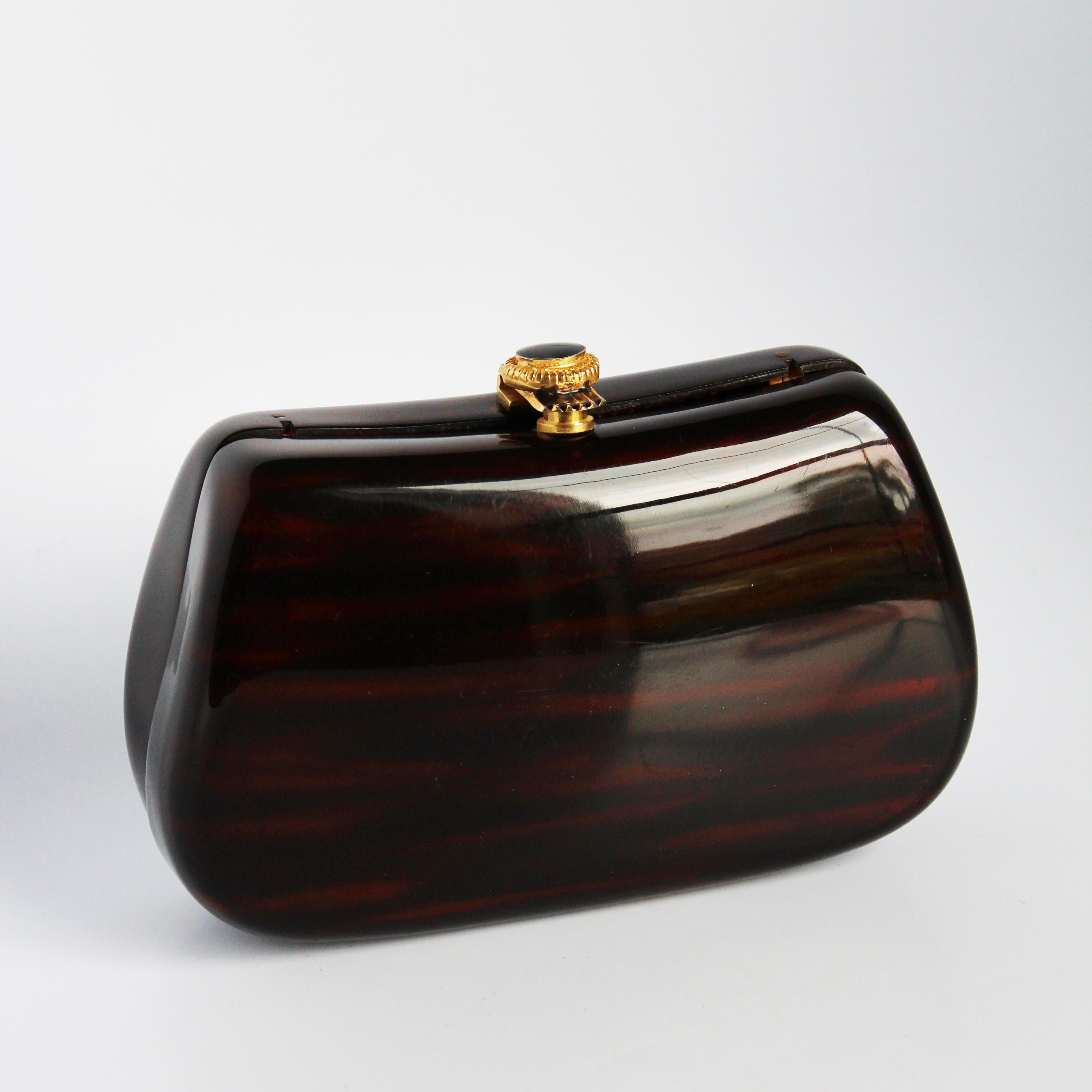 Saks Fifth Avenue Evening Bag Minaudière Polished Wood Resin Italy Rare Vintage In Good Condition For Sale In Port Saint Lucie, FL