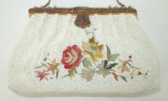 SAKS FIFTH AVENUE French White Beaded Handbag With Floral Embroidery, 1950's