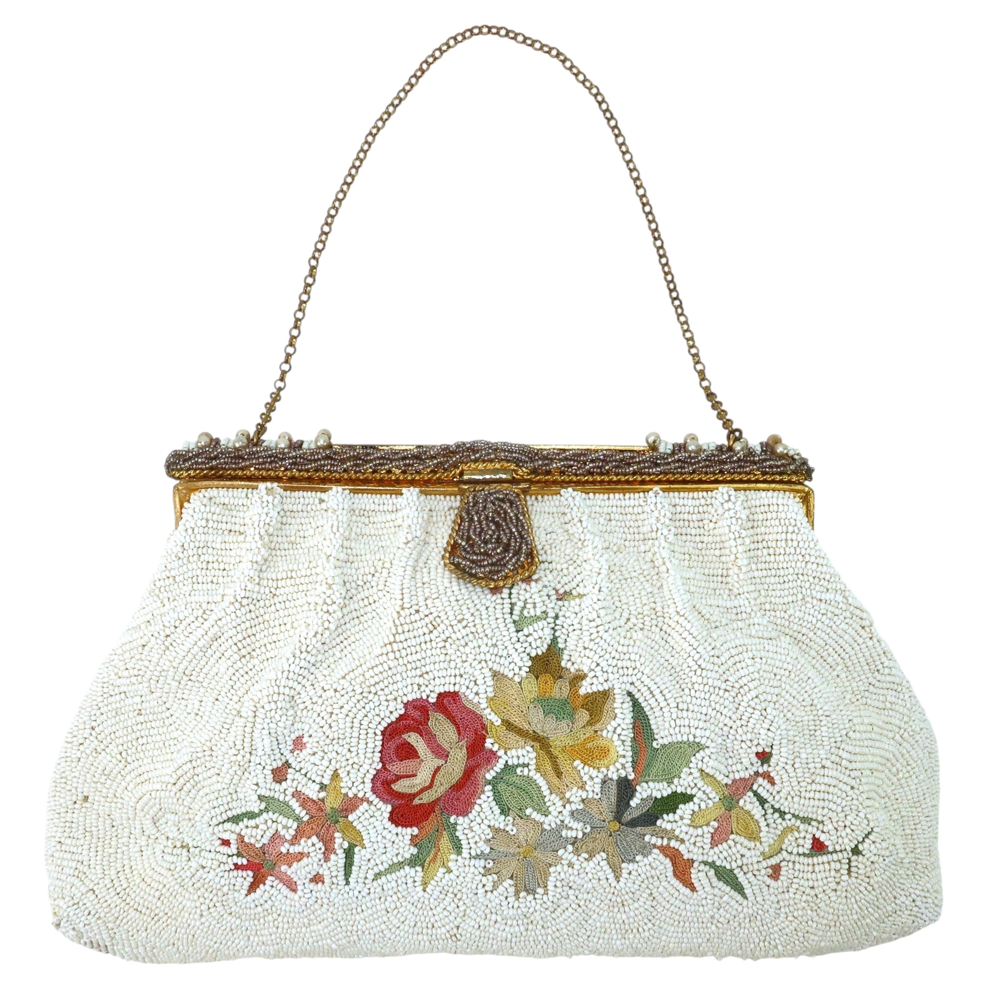 SAKS FIFTH AVENUE French White Beaded Handbag With Floral Embroidery, 1950's