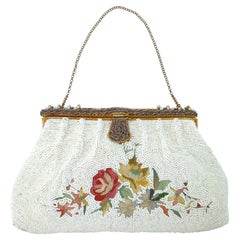 SAKS FIFTH AVENUE French White Beaded Handbag With Floral Embroidery, 1950's