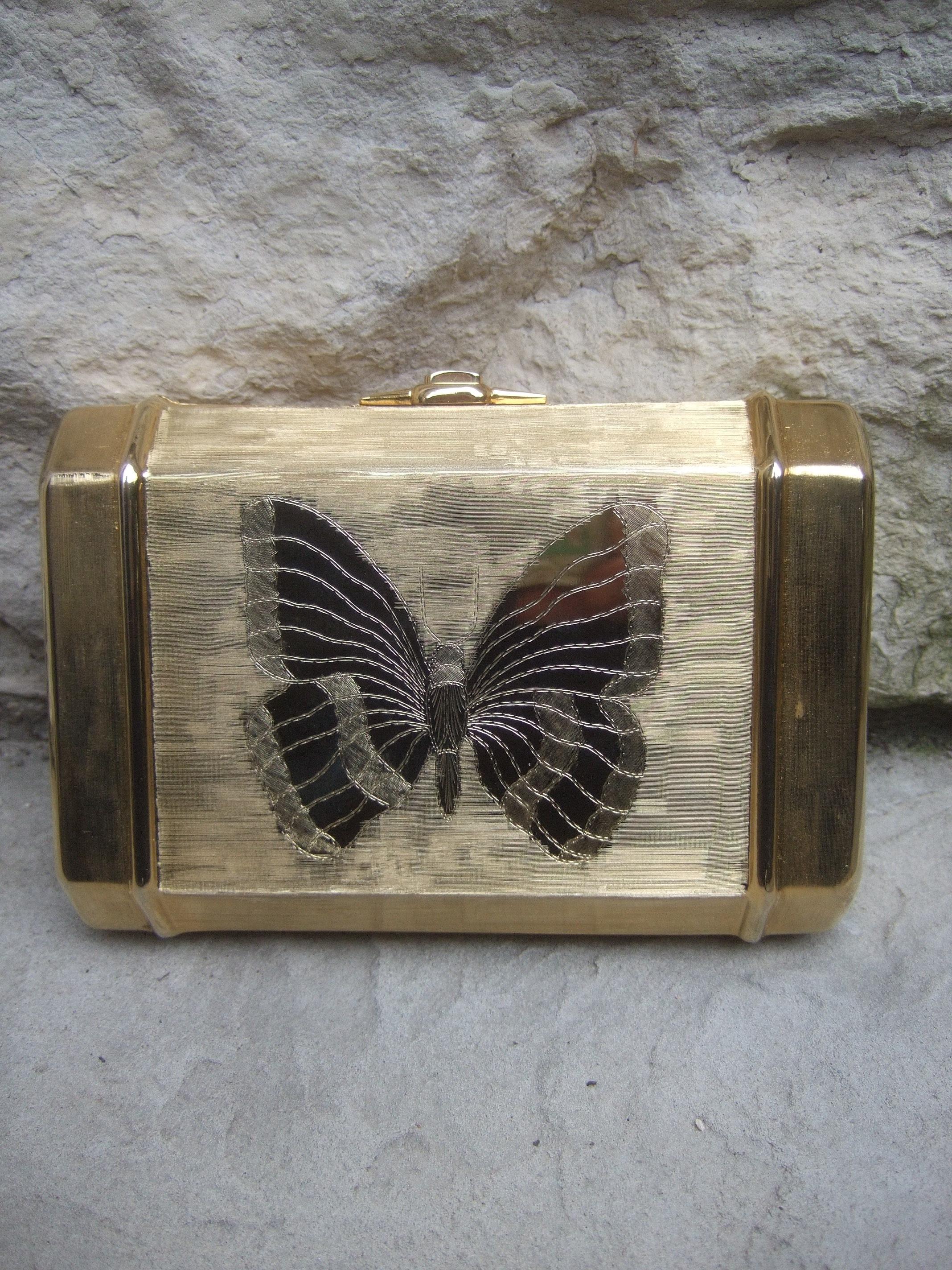 Saks Fifth Avenue Gilt Metal Butterfly Minaudière Evening Bag c 1970s 6