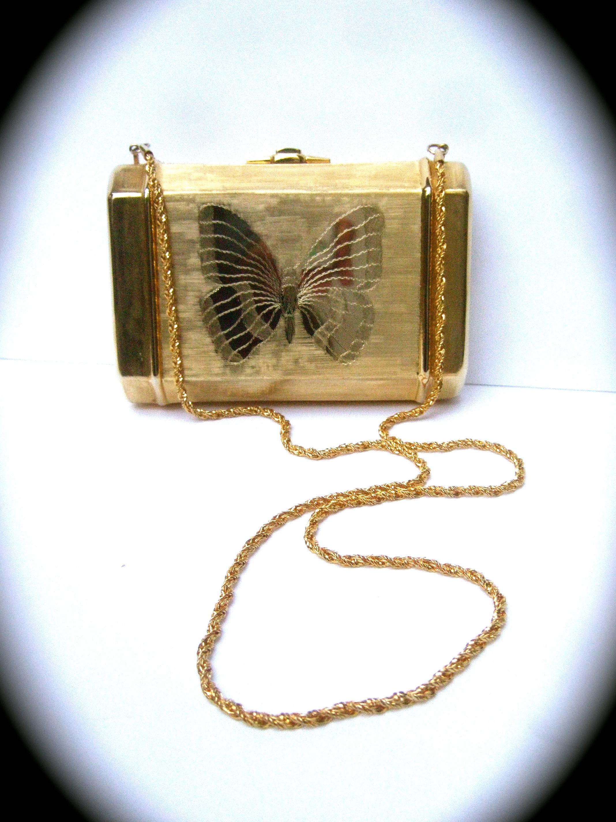 Brown Saks Fifth Avenue Gilt Metal Butterfly Minaudière Evening Bag c 1970s