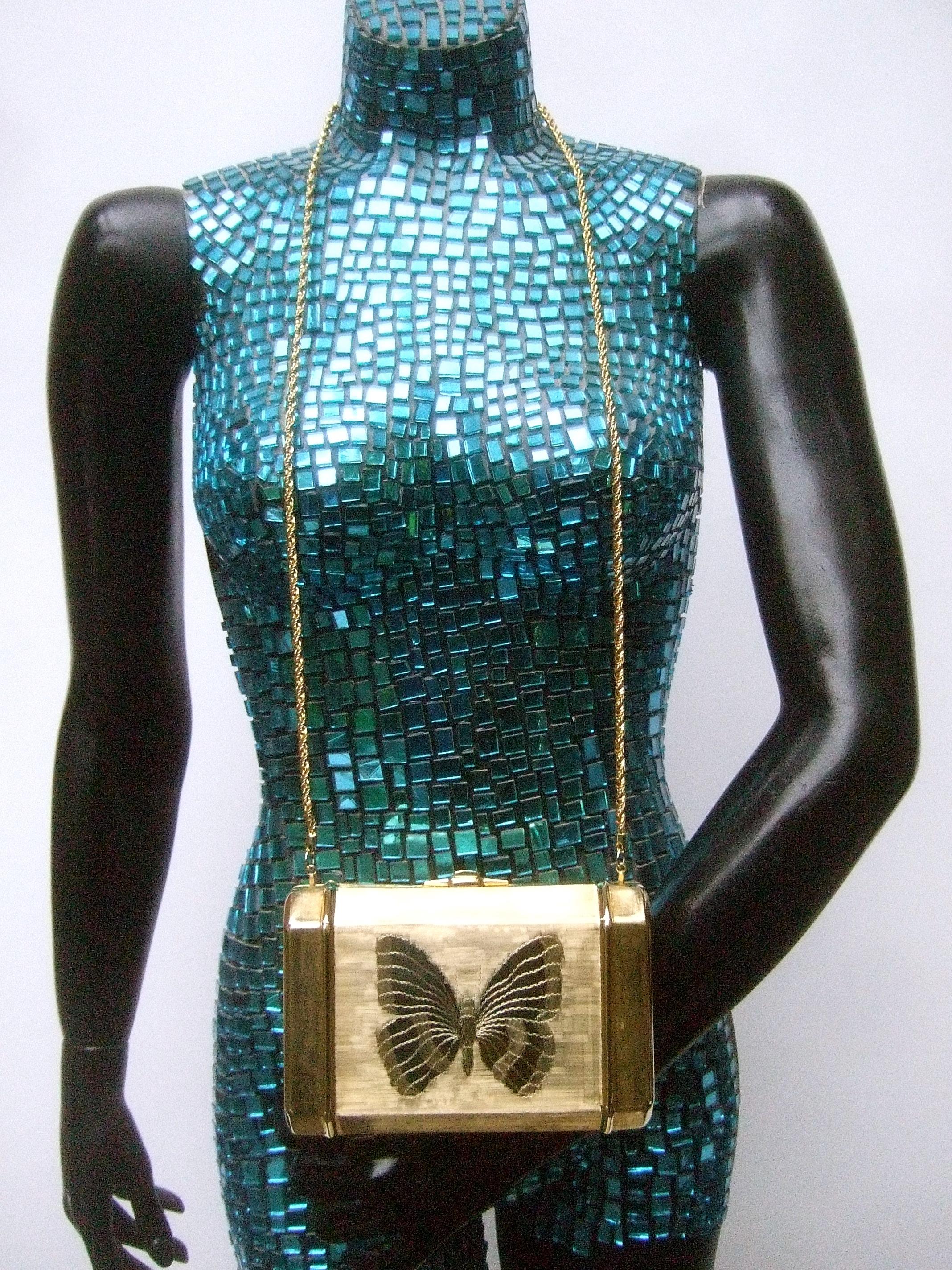 Saks Fifth Avenue Gilt Metal Butterfly Minaudière Evening Bag c 1970s In Good Condition In University City, MO