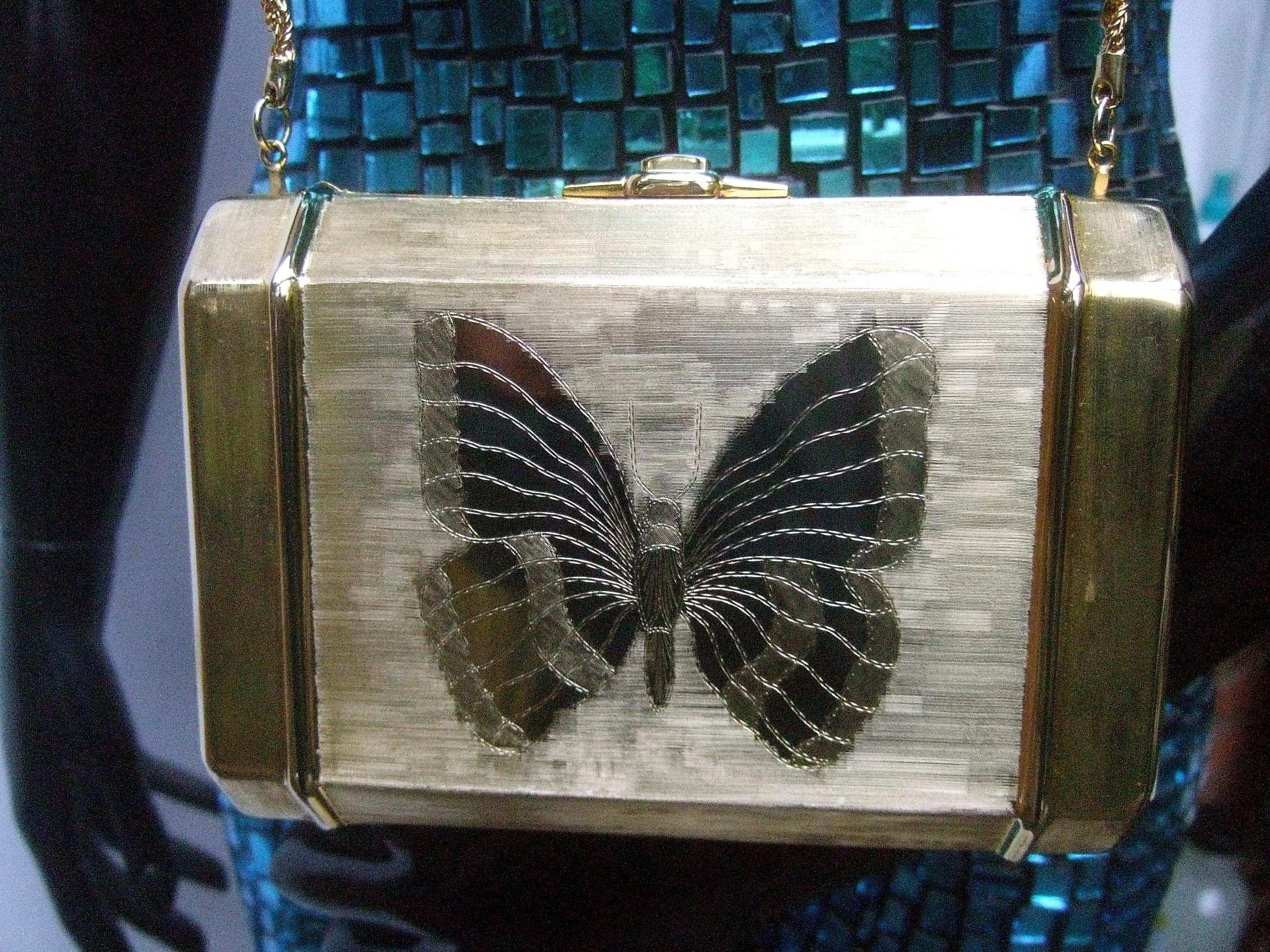 Saks Fifth Avenue Gilt Metal Butterfly Minaudière Evening Bag c 1970s 2