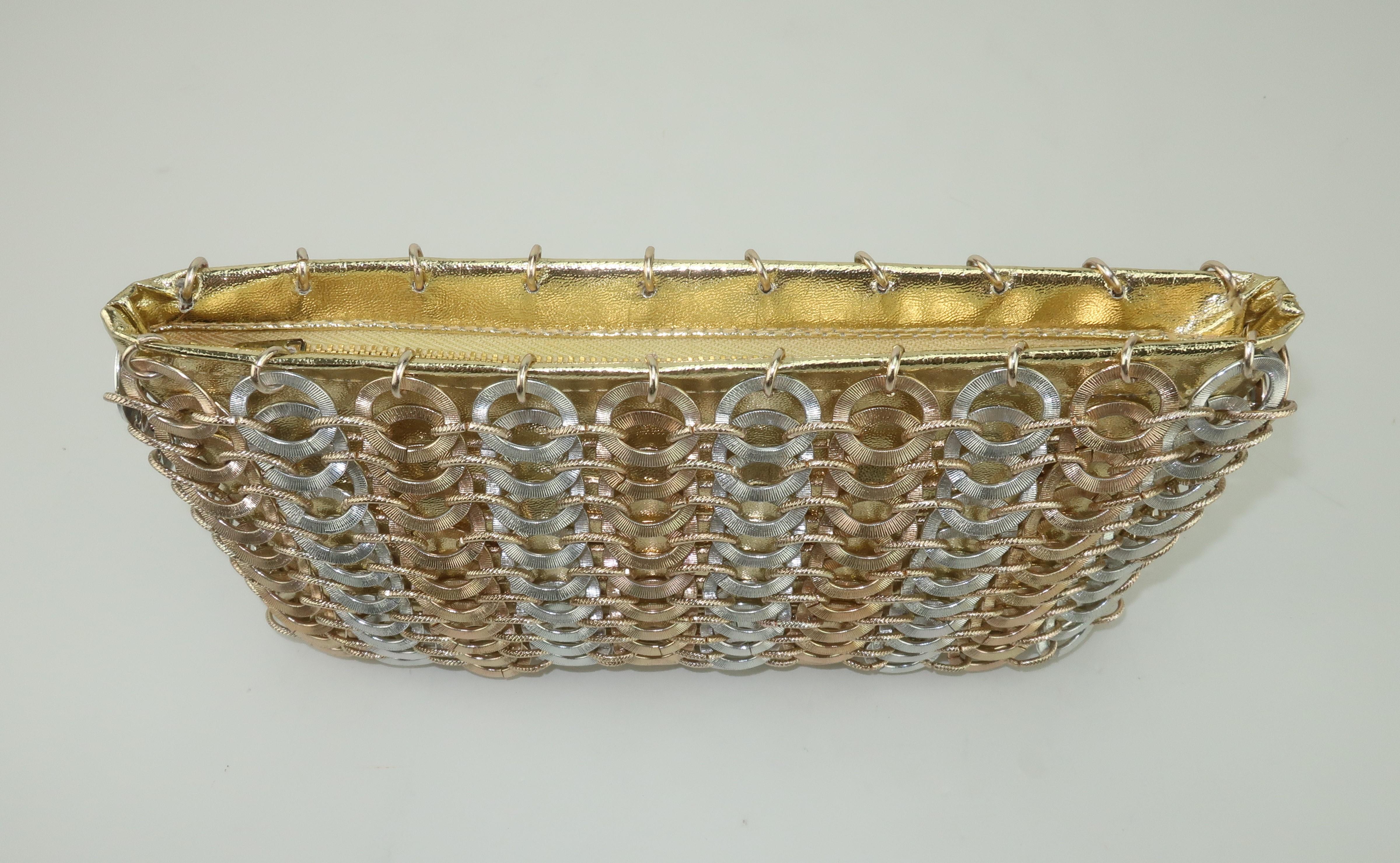 Saks Fifth Avenue Gold Silver Chain Mail Style Clutch Handbag, 1960's In Good Condition In Atlanta, GA