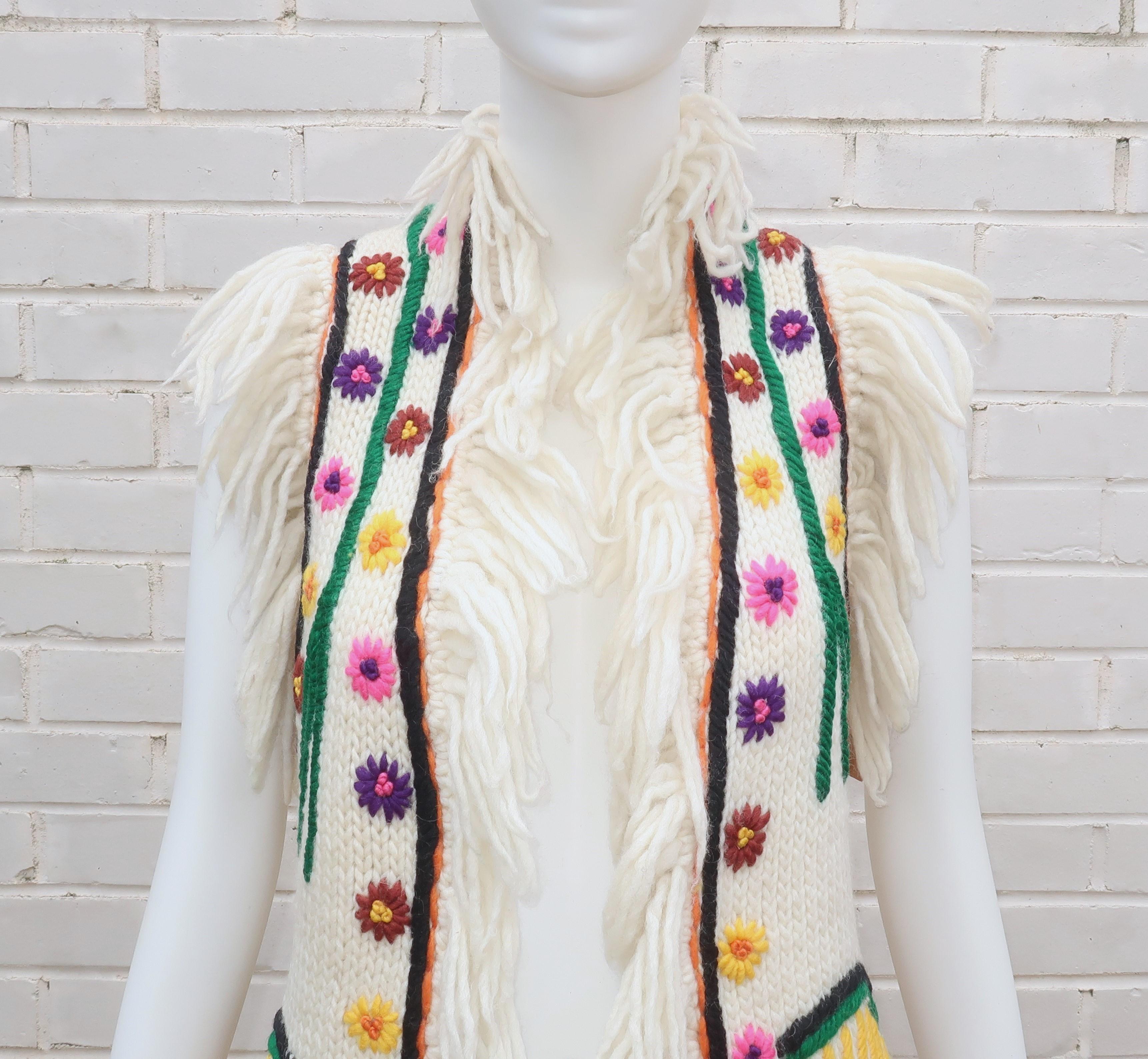 Beige SAKS FIFTH AVENUE Hand Made Bohemian Wool Fringe Sweater Vest, 1960's