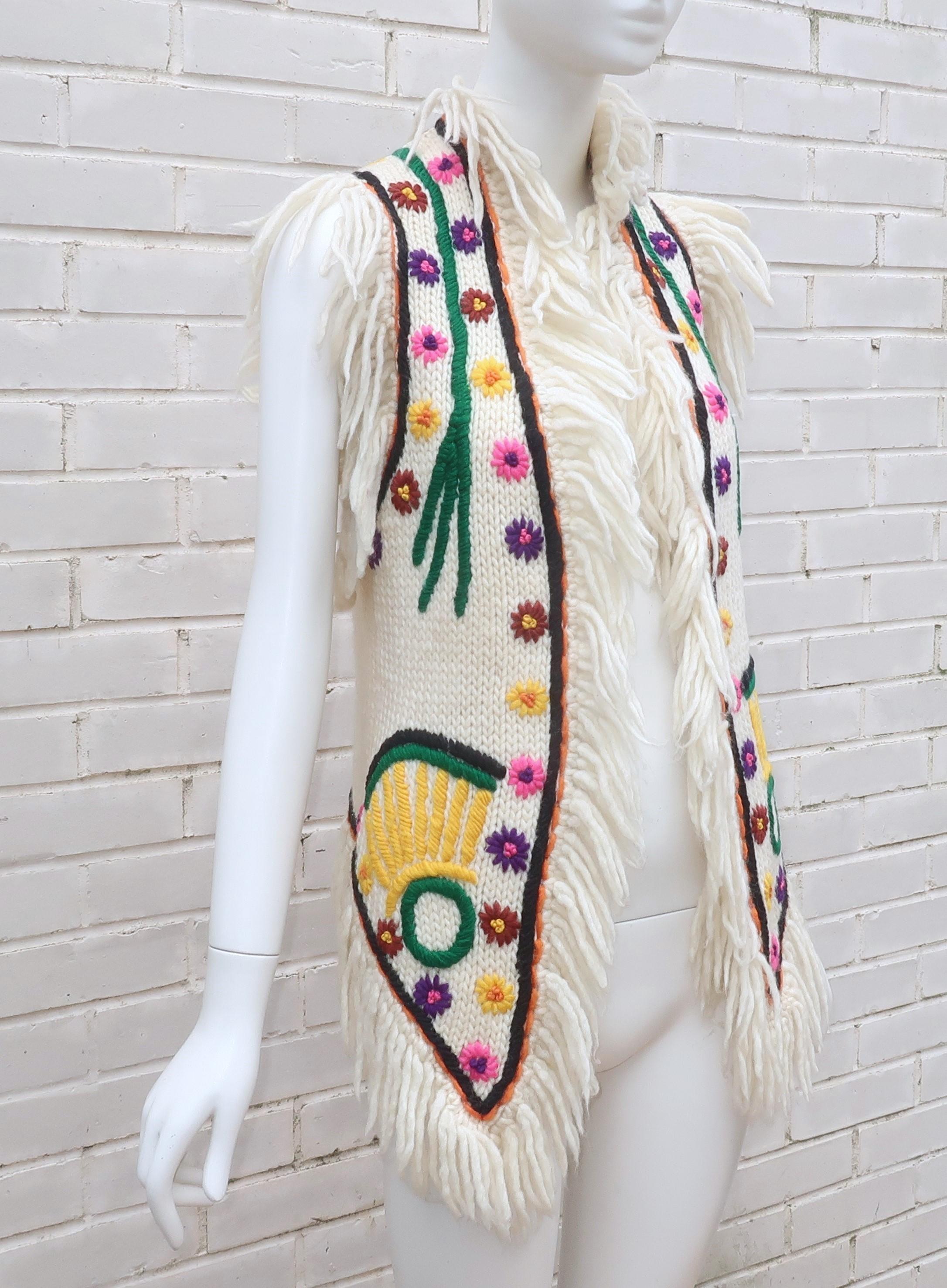 Women's SAKS FIFTH AVENUE Hand Made Bohemian Wool Fringe Sweater Vest, 1960's For Sale