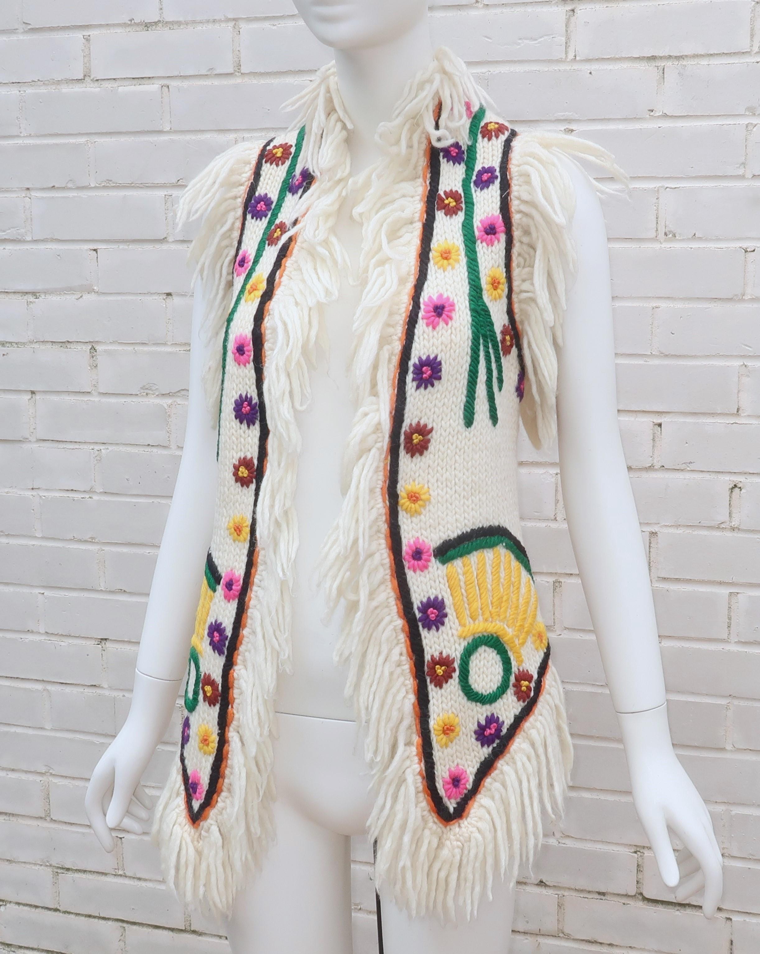 Women's SAKS FIFTH AVENUE Hand Made Bohemian Wool Fringe Sweater Vest, 1960's