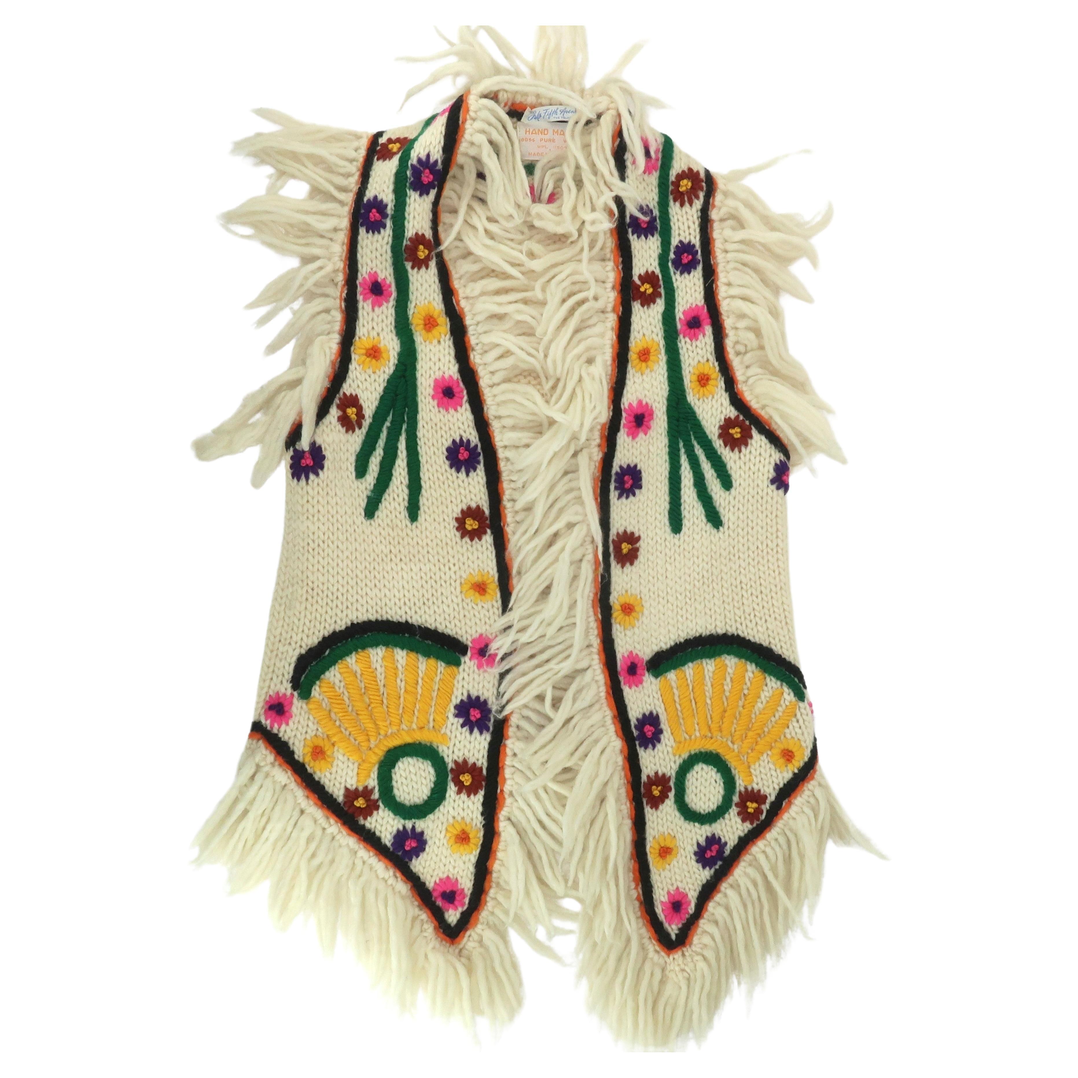 SAKS FIFTH AVENUE Hand Made Bohemian Wool Fringe Sweater Vest, 1960's For Sale