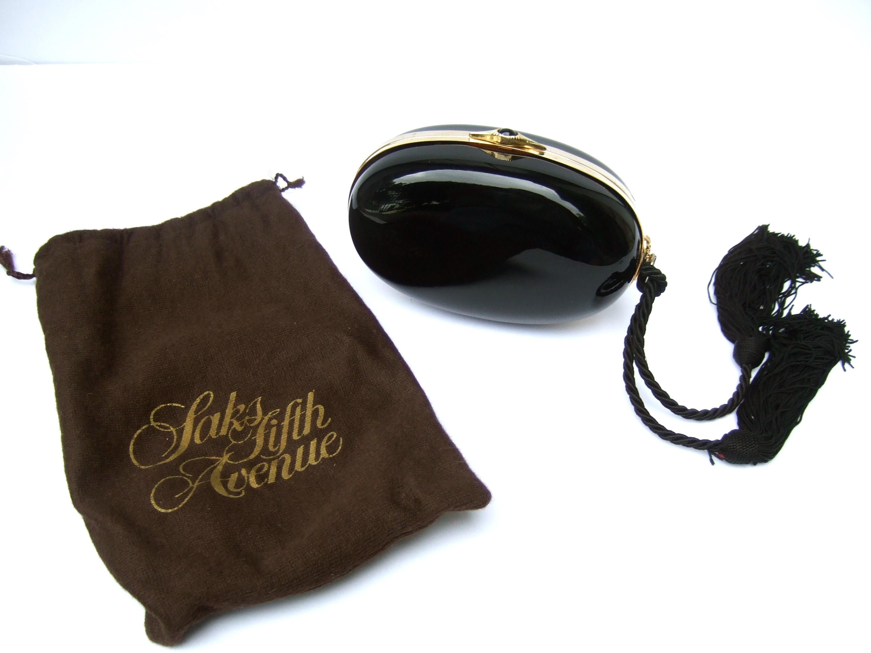 Saks Fifth Avenue Italian Black Lucite Fringe Tassel Oval Clutch Bag c 1970s 6