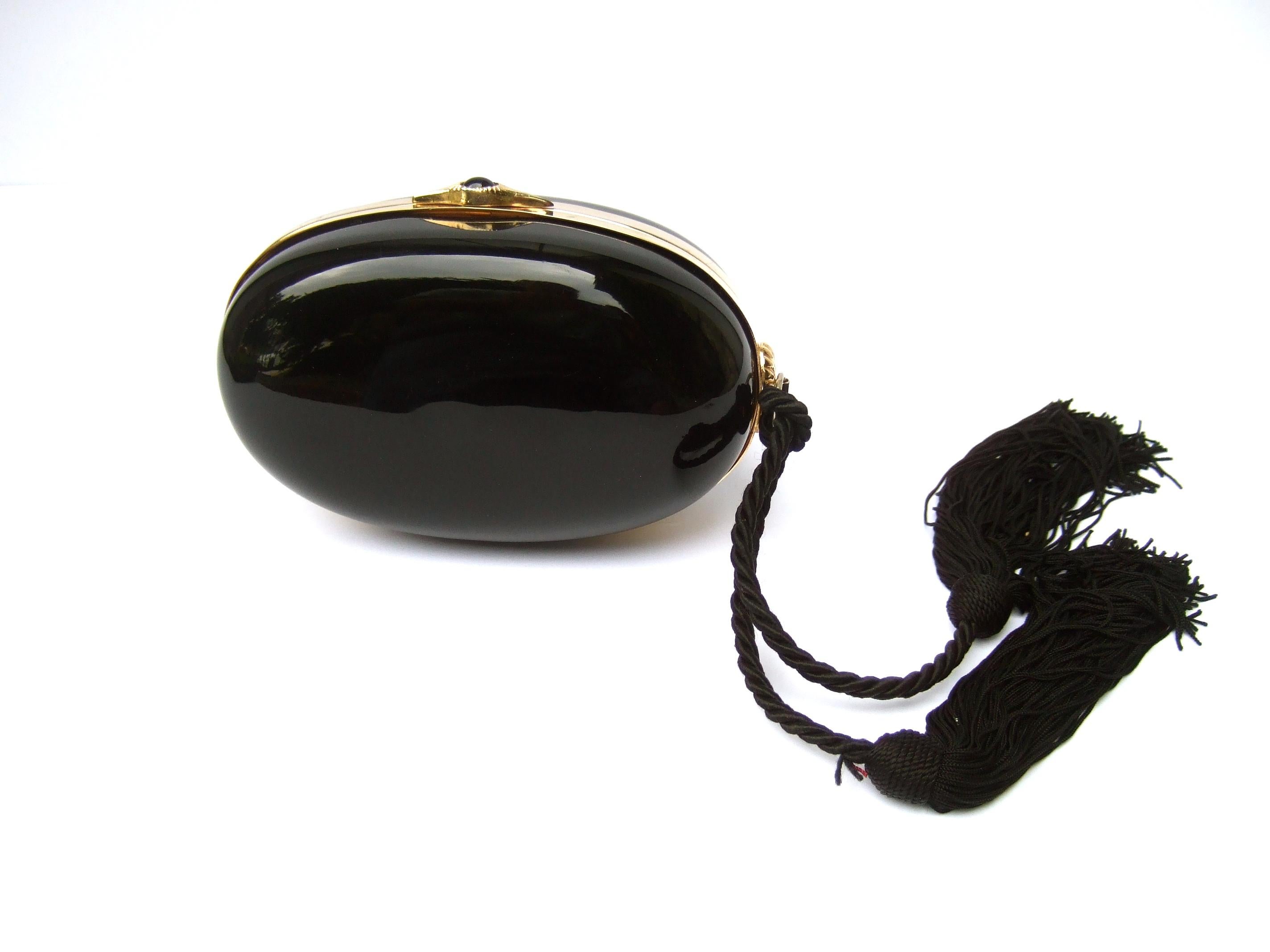 Saks Fifth Avenue Italian Black Lucite Fringe Tassel Oval Clutch Bag c 1970s 7