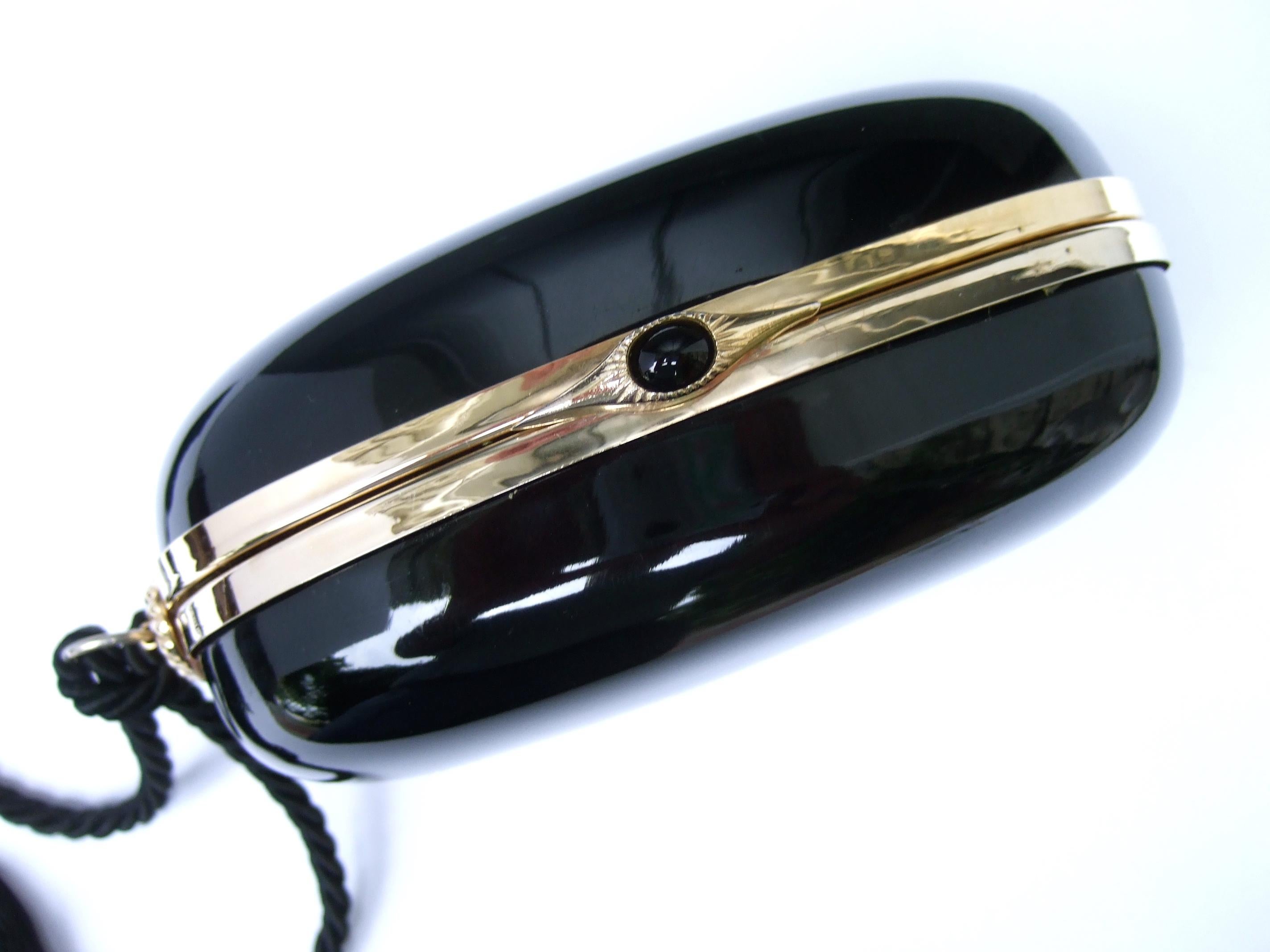 Women's or Men's Saks Fifth Avenue Italian Black Lucite Fringe Tassel Oval Clutch Bag c 1970s