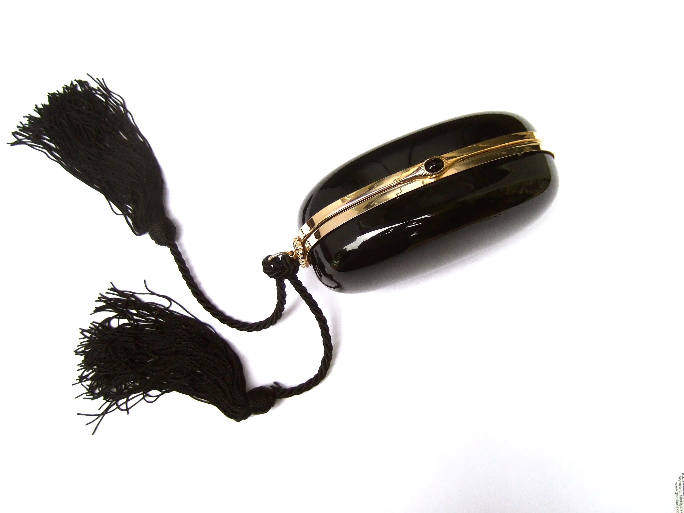 Saks Fifth Avenue Italian Black Lucite Fringe Tassel Oval Clutch Bag c 1970s 4
