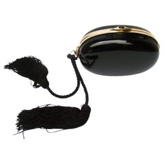 Saks Fifth Avenue Italian Black Lucite Fringe Tassel Oval Clutch Bag c 1970s