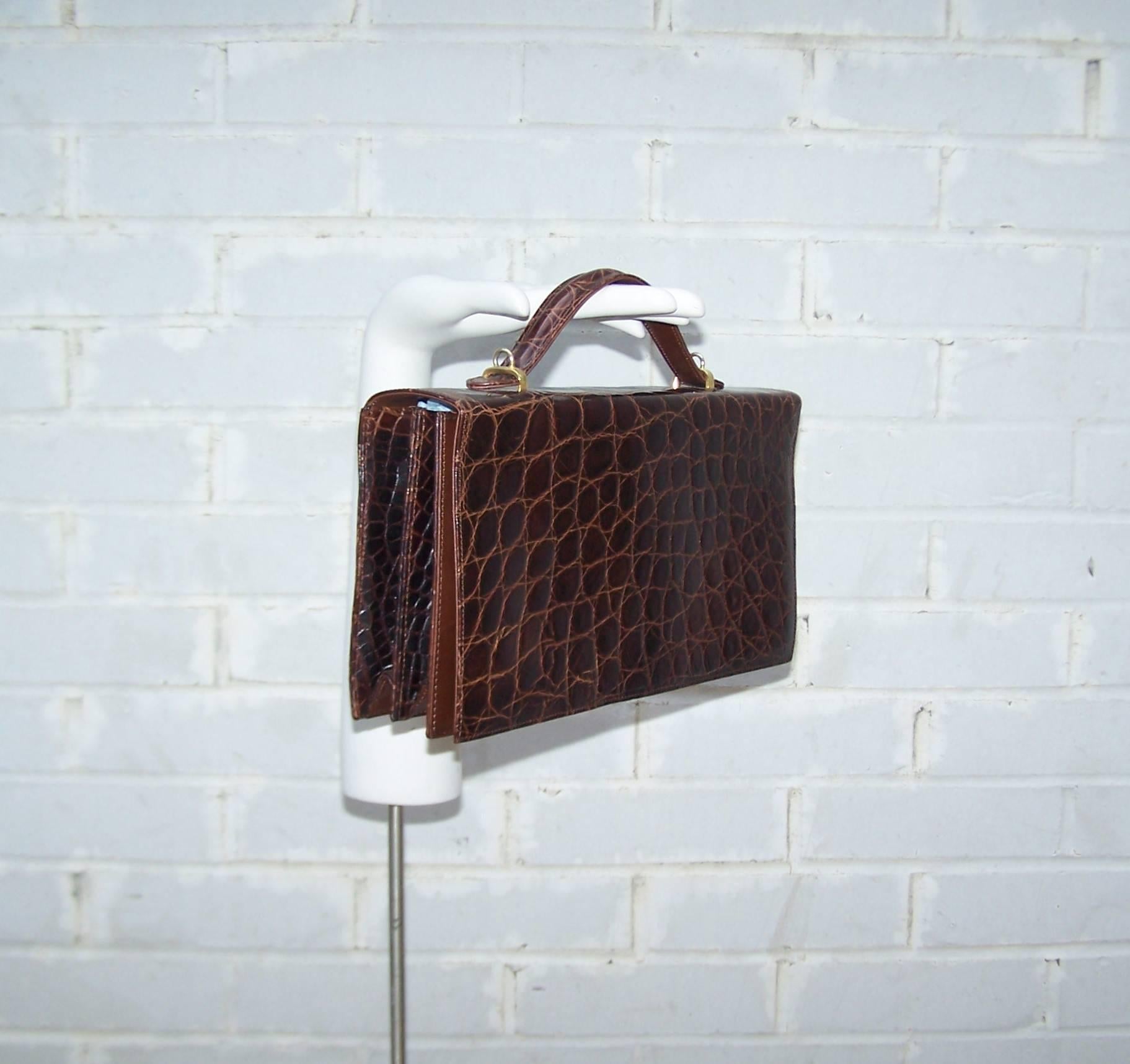 Women's Saks Fifth Avenue Italian Brown Alligator Embossed Leather Handbag, 1970's