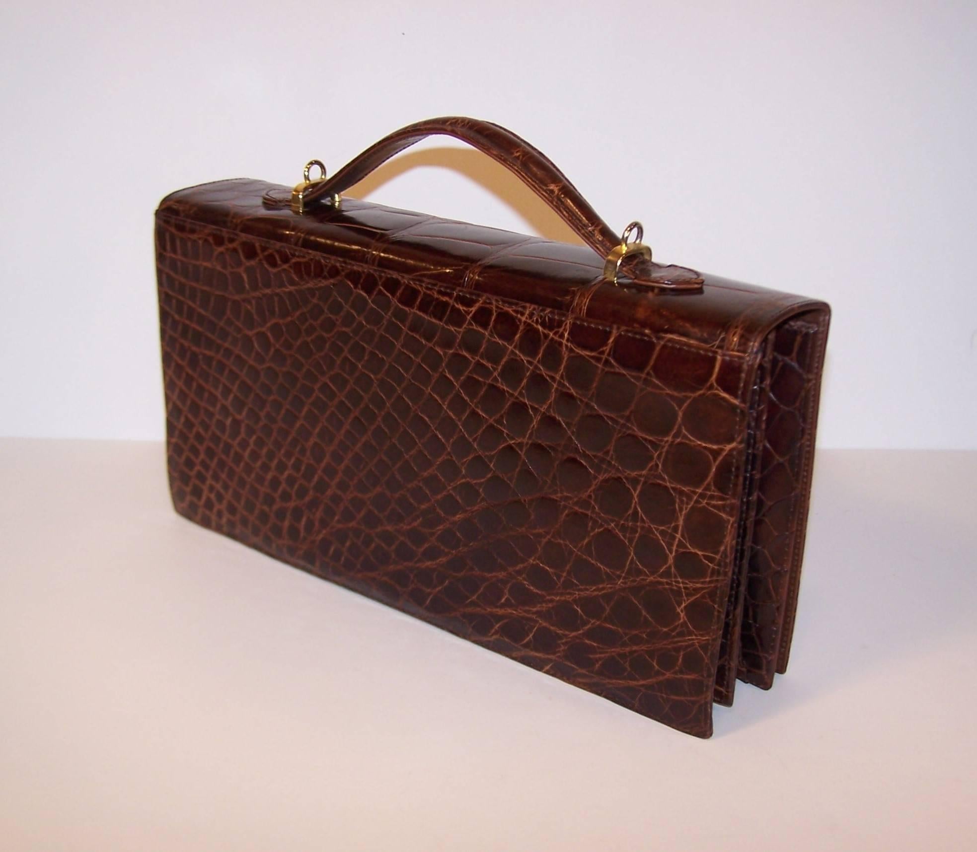 Saks Fifth Avenue Italian Brown Alligator Embossed Leather Handbag, 1970's 1