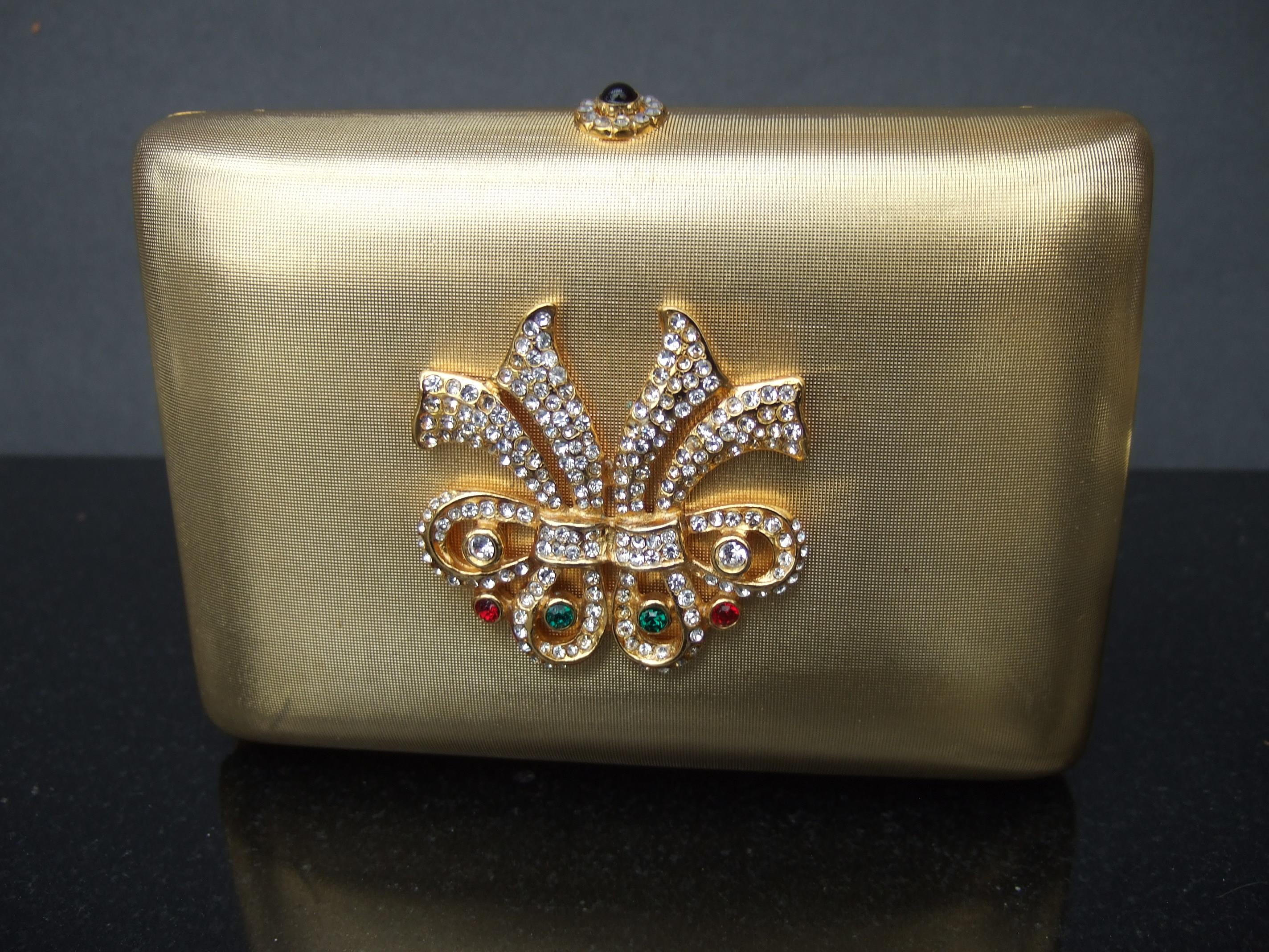 Saks Fifth Avenue Italian Gilt Metal  Crystal Medallion Minaudiere c 1980s For Sale 1