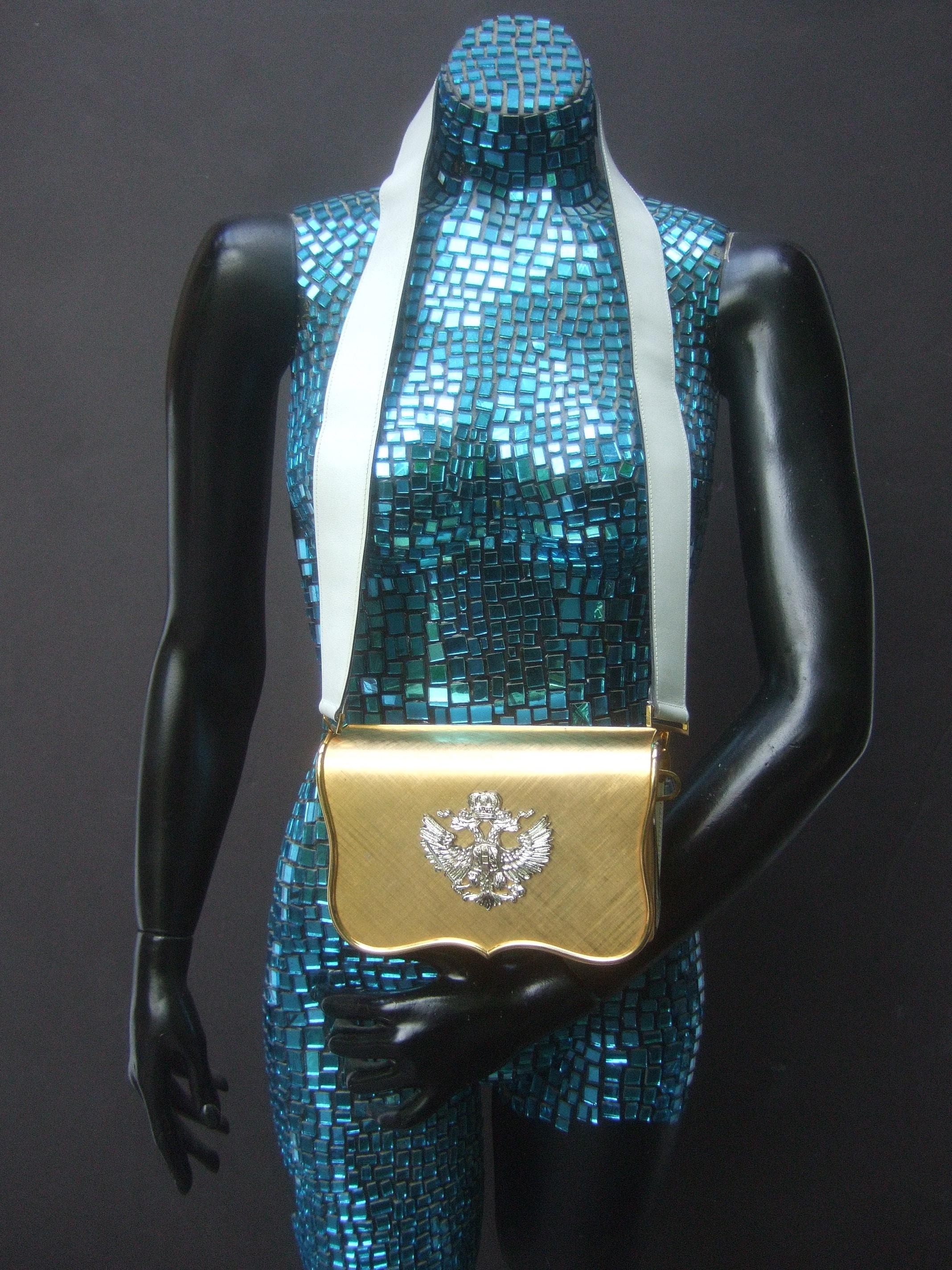 Brown Saks Fifth Avenue Italian Gilt Metal Eagle Emblem Leather Shoulder Bag c 1970s
